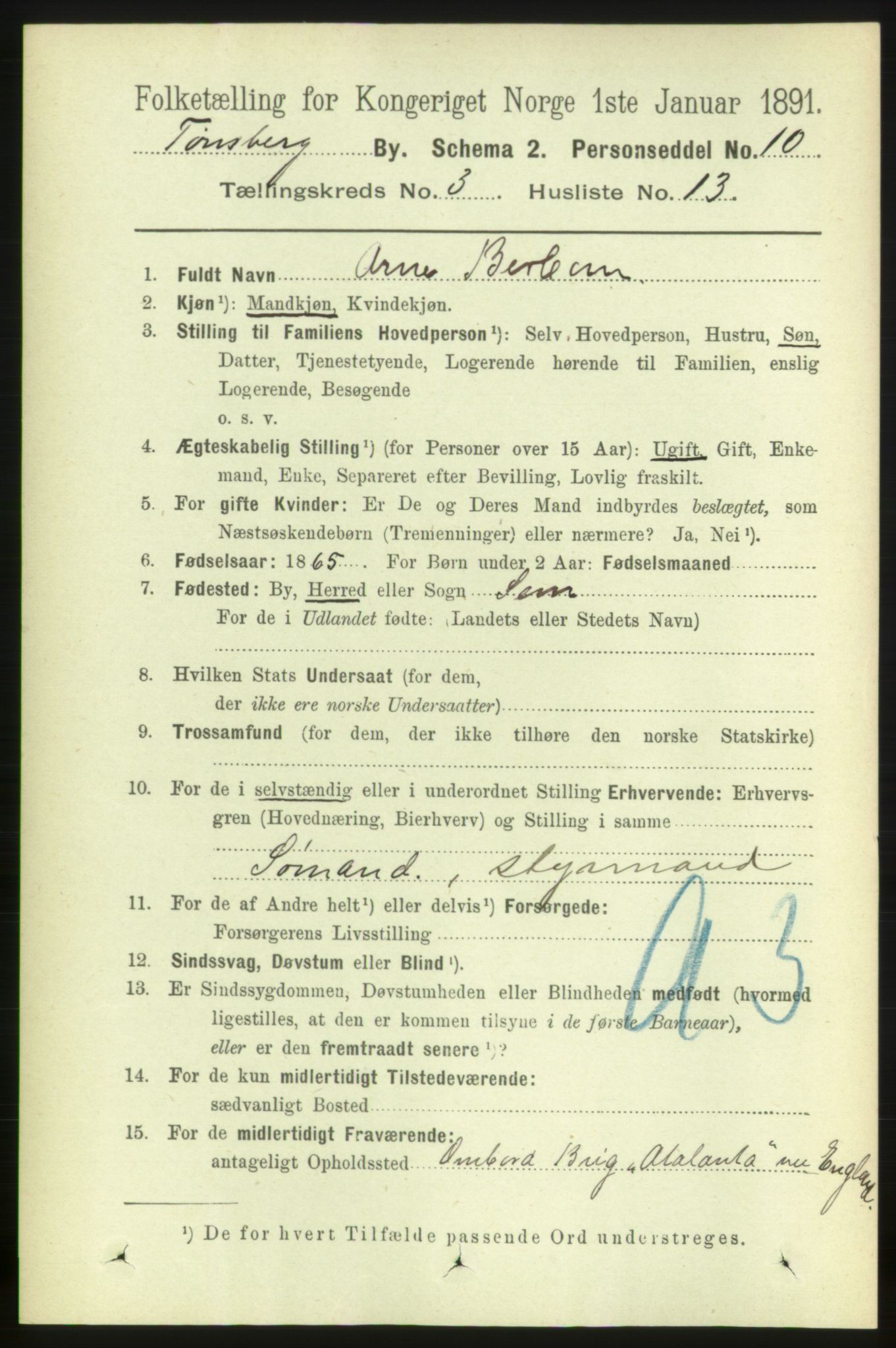 RA, 1891 census for 0705 Tønsberg, 1891, p. 1909