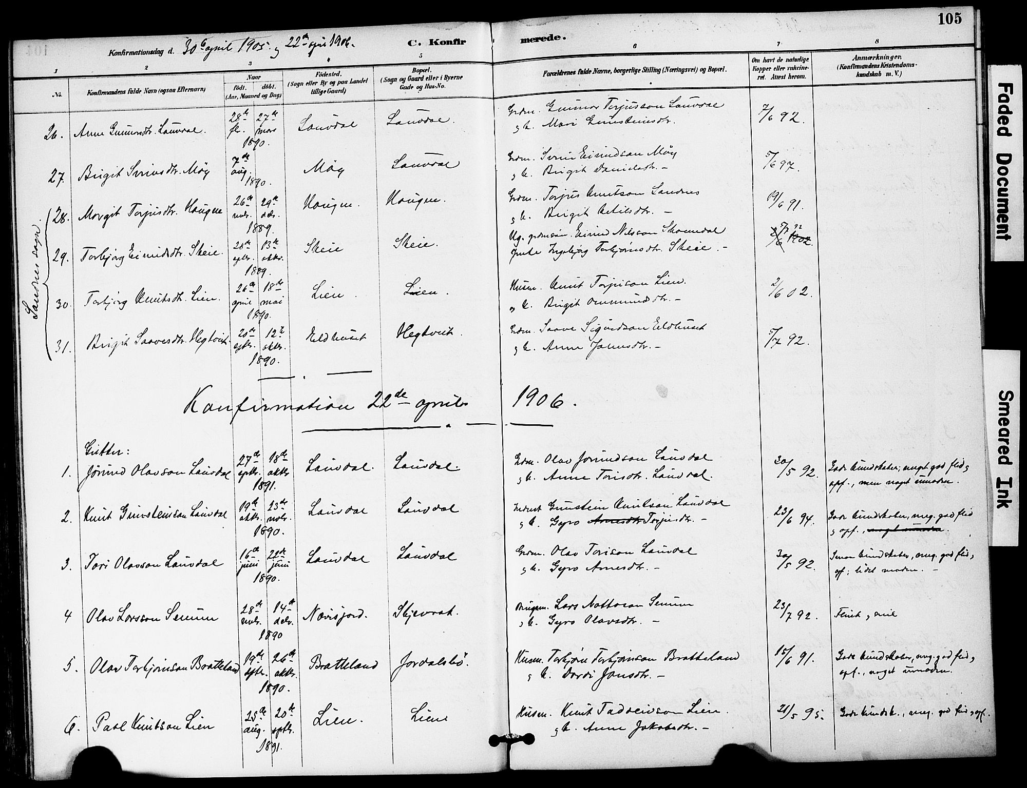 Bygland sokneprestkontor, AV/SAK-1111-0006/F/Fa/Fab/L0007: Parish register (official) no. A 7, 1885-1909, p. 105