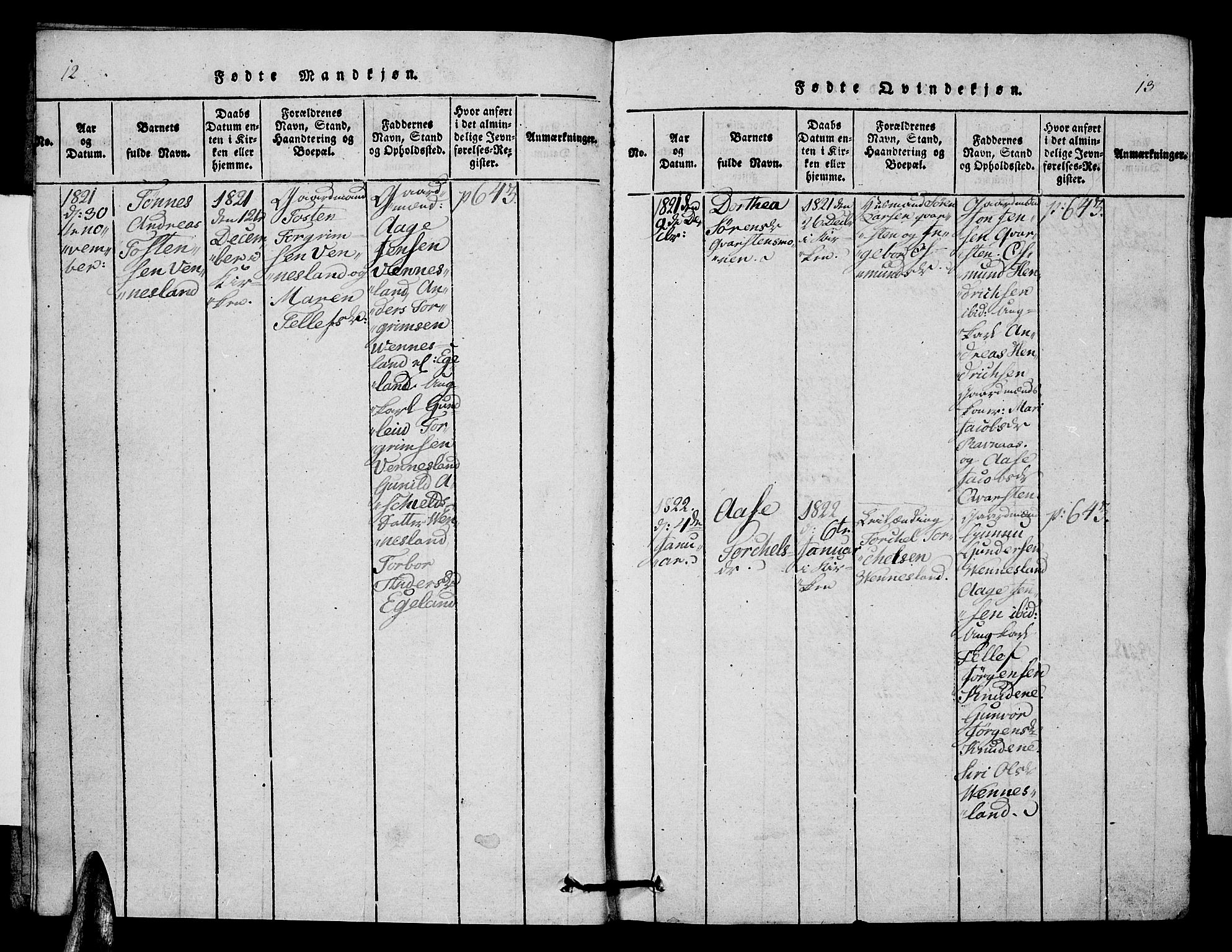 Vennesla sokneprestkontor, AV/SAK-1111-0045/Fb/Fbb/L0001: Parish register (copy) no. B 1, 1820-1834, p. 12-13