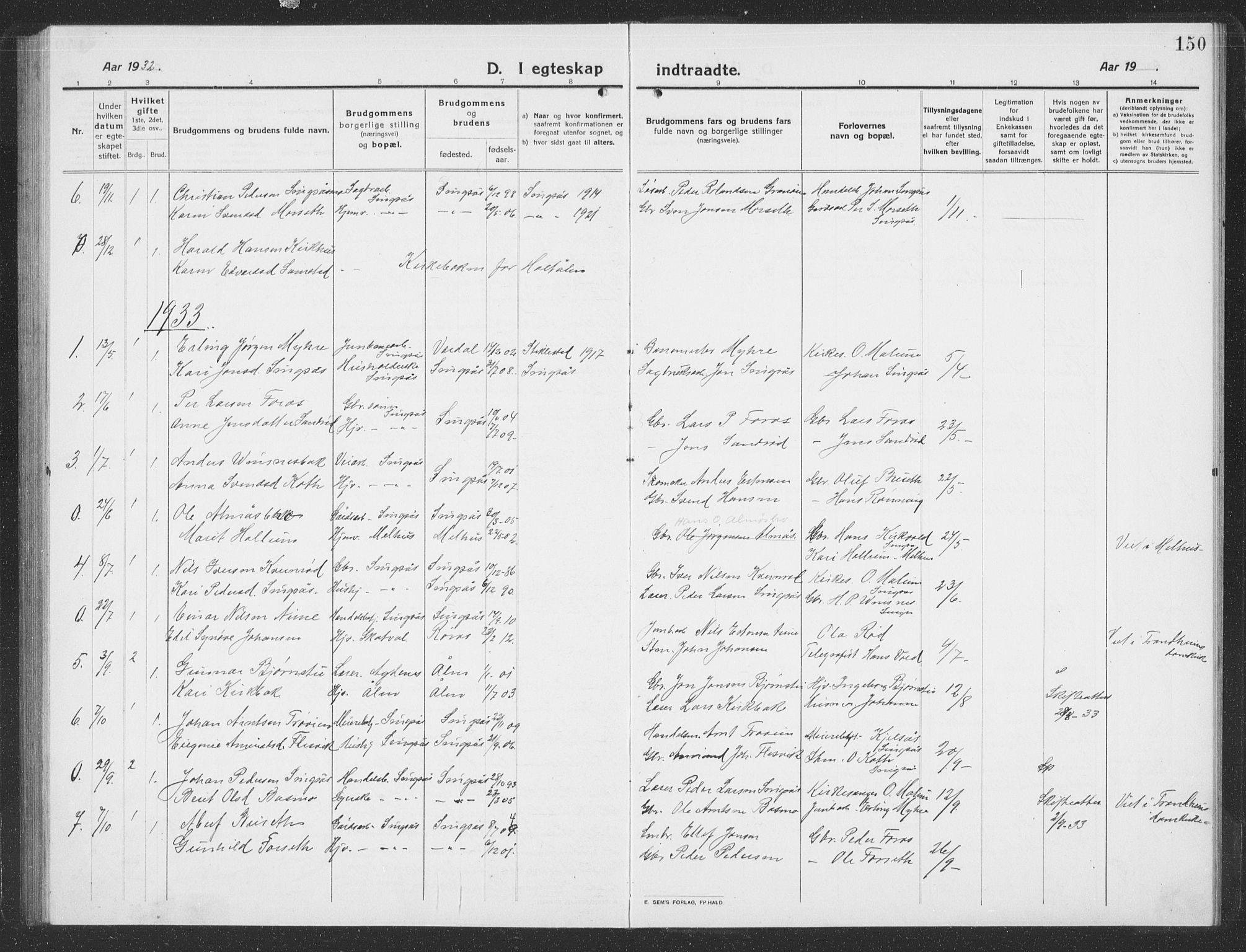 Ministerialprotokoller, klokkerbøker og fødselsregistre - Sør-Trøndelag, SAT/A-1456/688/L1030: Parish register (copy) no. 688C05, 1916-1939, p. 150