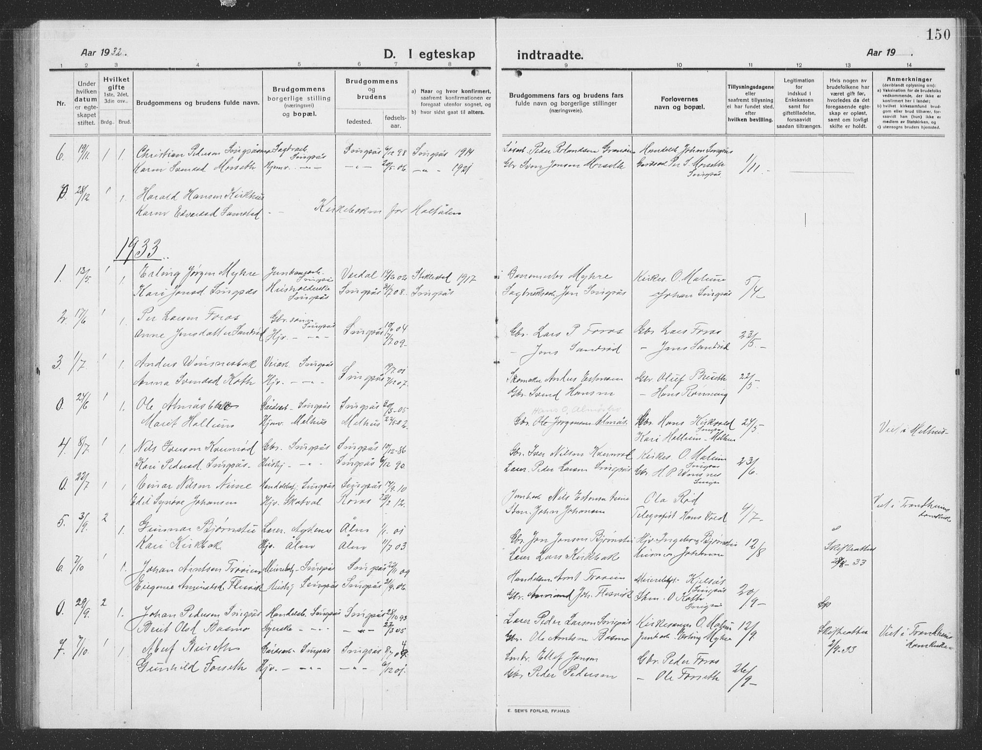 Ministerialprotokoller, klokkerbøker og fødselsregistre - Sør-Trøndelag, AV/SAT-A-1456/688/L1030: Parish register (copy) no. 688C05, 1916-1939, p. 150