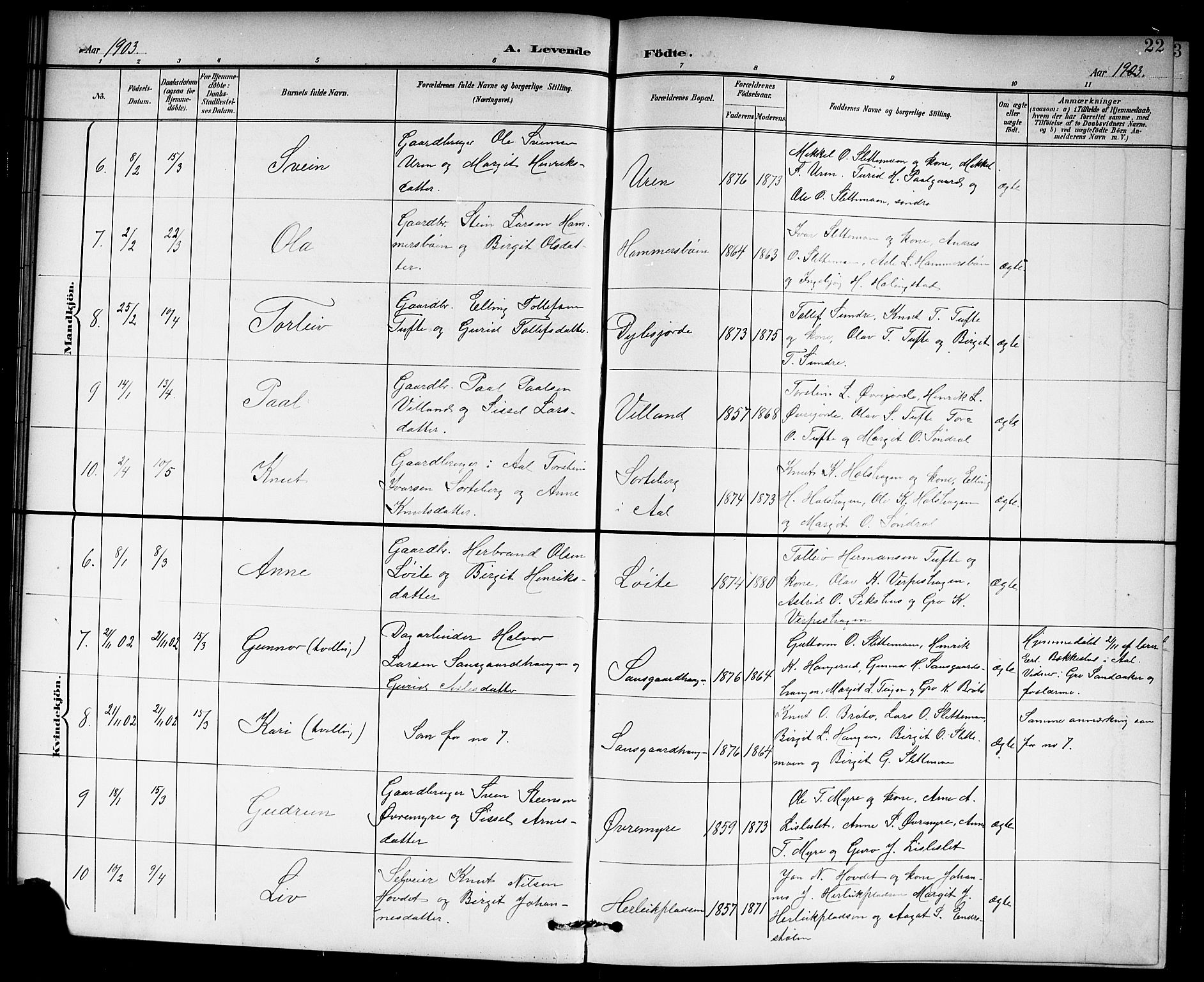 Hol kirkebøker, AV/SAKO-A-227/G/Ga/L0001: Parish register (copy) no. I 1, 1900-1919, p. 22