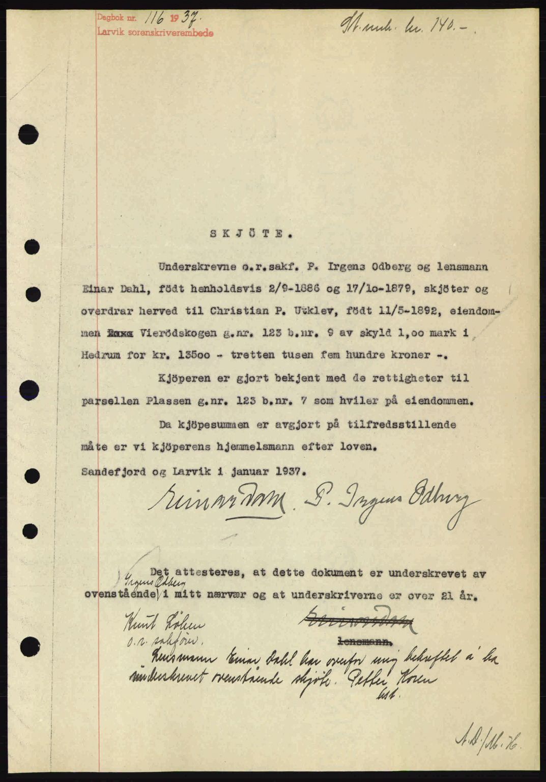 Larvik sorenskriveri, SAKO/A-83/G/Ga/Gab/L0067: Mortgage book no. A-1, 1936-1937, Diary no: : 116/1937