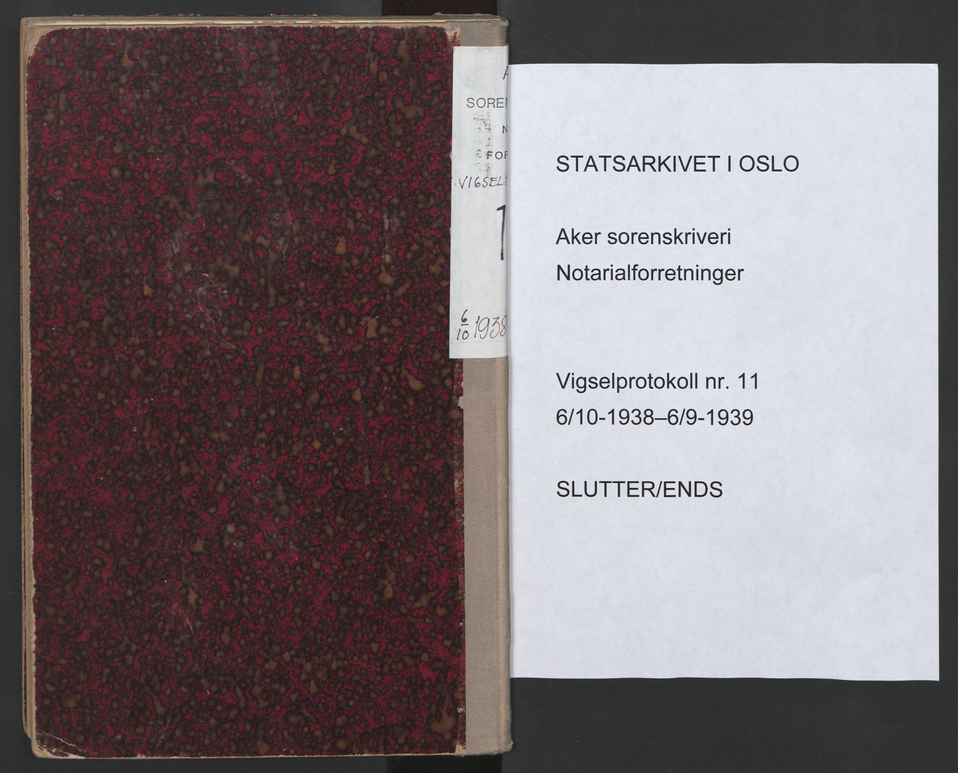 Aker sorenskriveri, SAO/A-10895/L/Lc/Lcb/L0011: Vigselprotokoll, 1938-1939