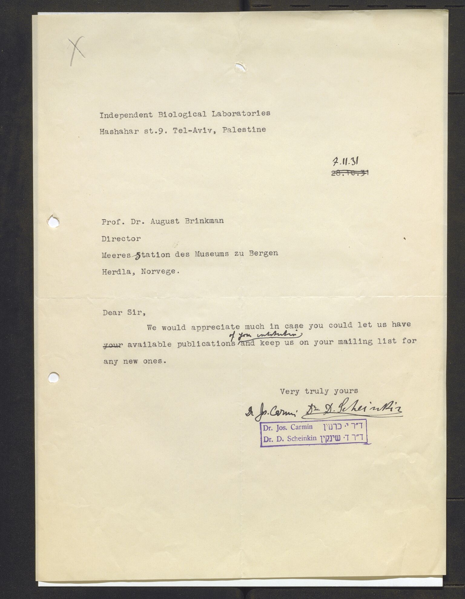 Bergens Museum, AV/SAB-A-17301/13/D/L0002: Korrespondanse , 1928-1940, p. 237