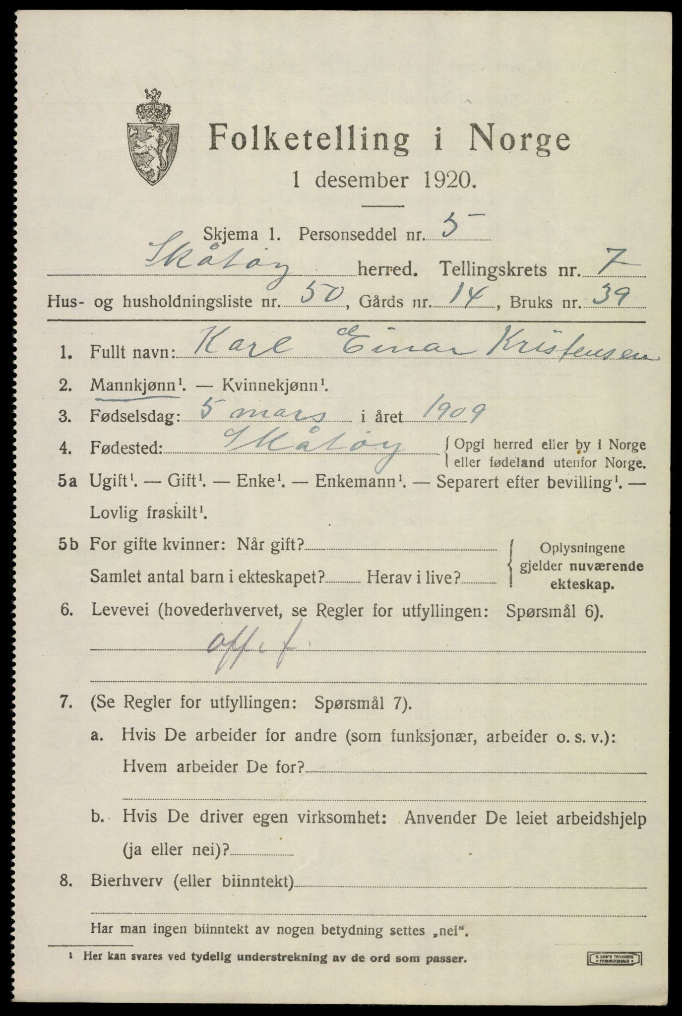 SAKO, 1920 census for Skåtøy, 1920, p. 5866