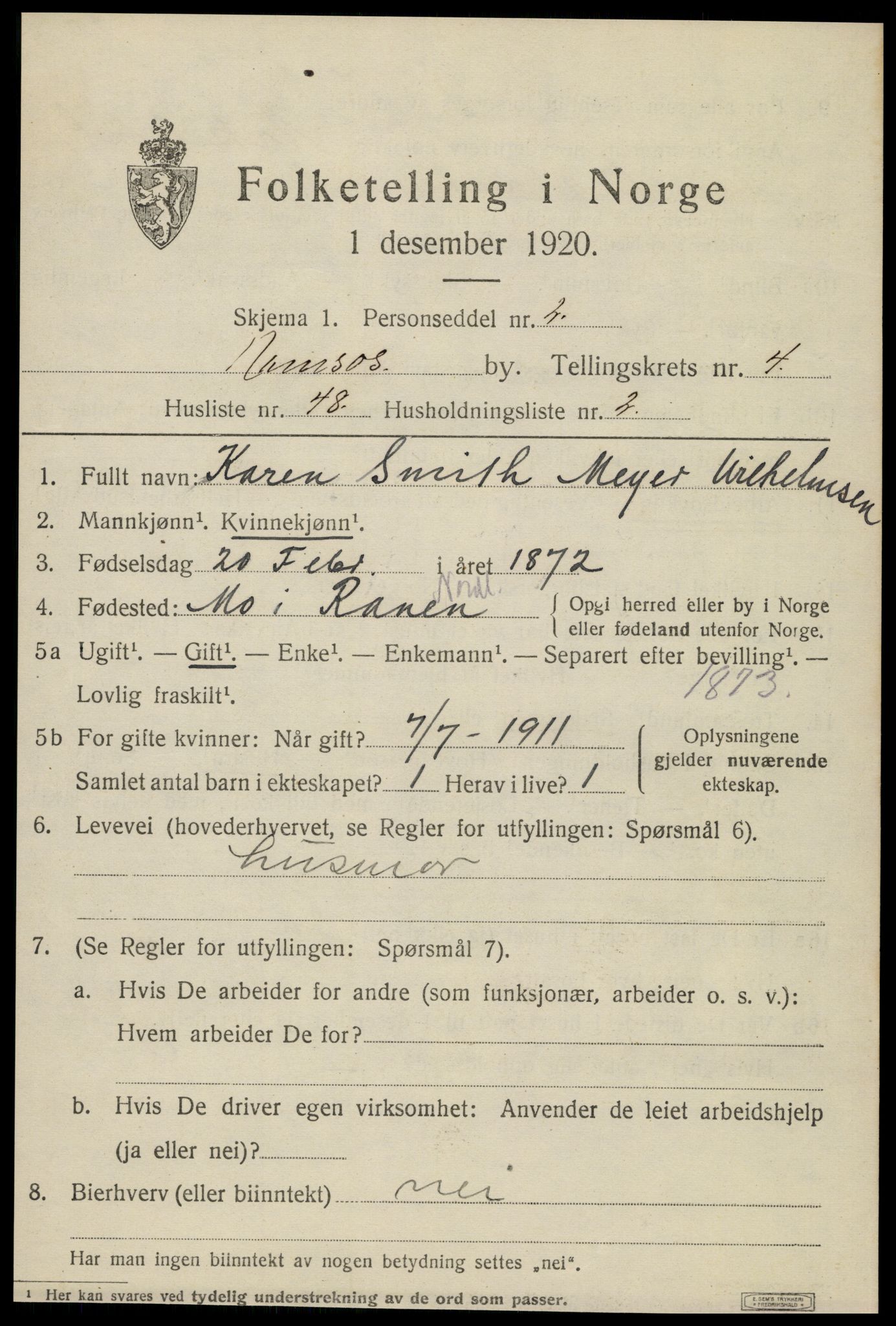 SAT, 1920 census for Namsos, 1920, p. 5609