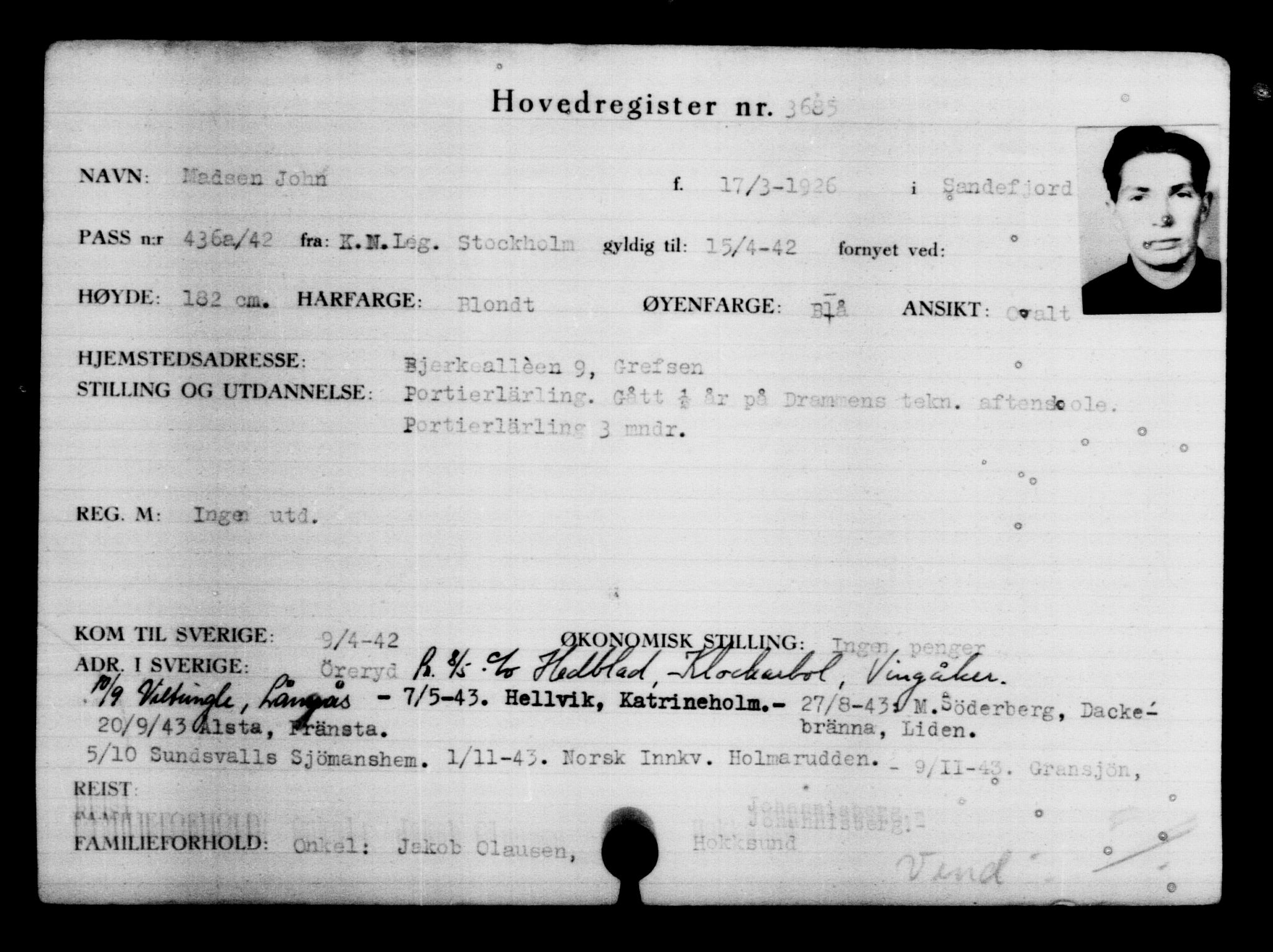 Utenriksstasjonene, Legasjonen i Stockholm, Flyktningkontoret, AV/RA-S-6753/V/Va/L0004: Kjesäterkartoteket, flyktninger med registreringsnr. 3496-6610, 1940-1945, p. 218