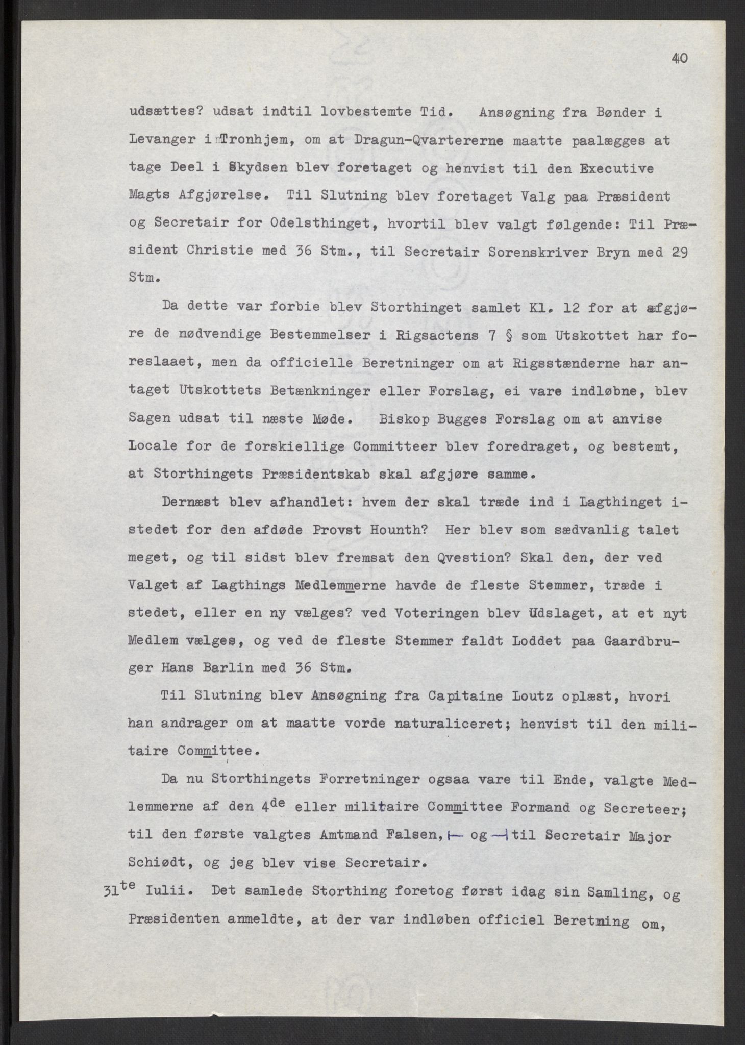 Manuskriptsamlingen, AV/RA-EA-3667/F/L0197: Wetlesen, Hans Jørgen (stortingsmann, ingeniørkaptein); Referat fra Stortinget 1815-1816, 1815-1816, p. 40