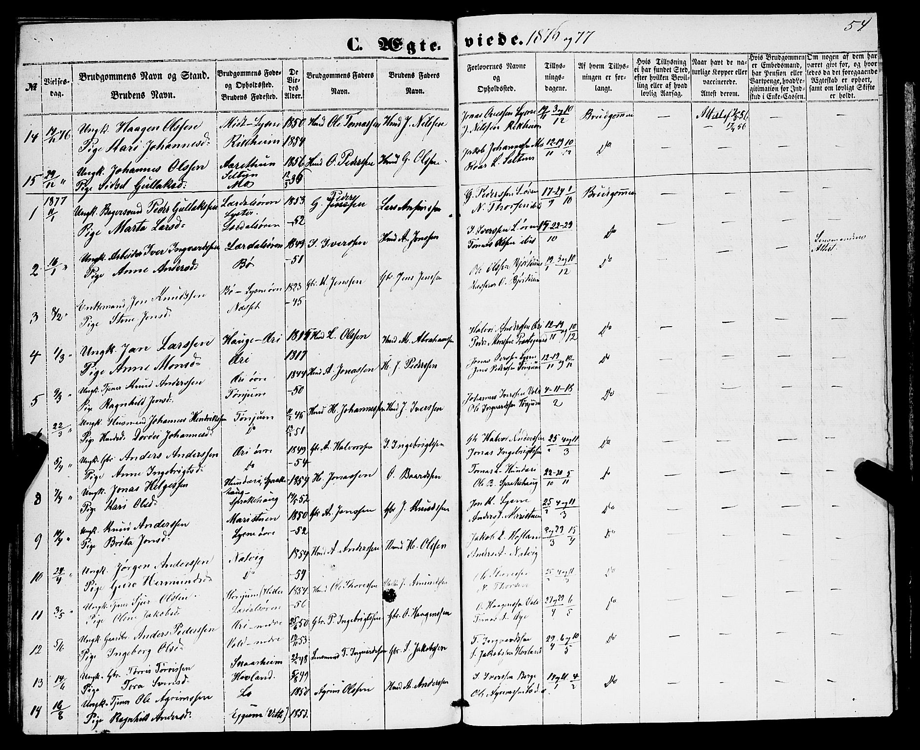 Lærdal sokneprestembete, AV/SAB-A-81201: Parish register (official) no. A 15, 1853-1877, p. 54