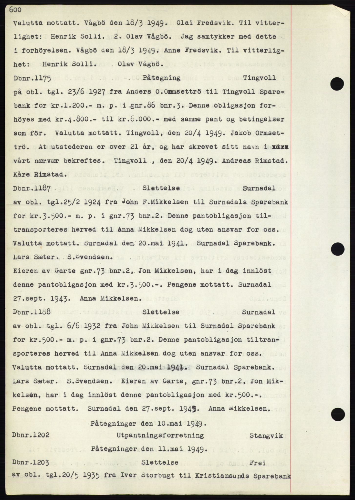 Nordmøre sorenskriveri, SAT/A-4132/1/2/2Ca: Mortgage book no. C82b, 1946-1951, Diary no: : 1175/1949