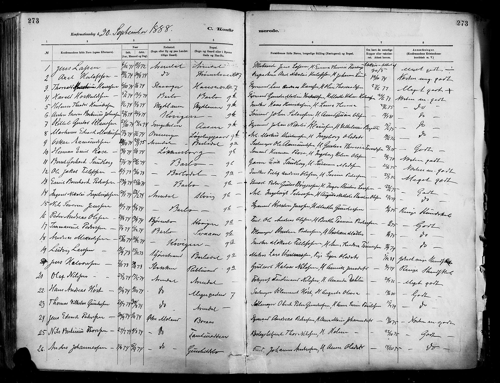Barbu sokneprestkontor, SAK/1111-0003/F/Fa/L0002: Parish register (official) no. A 2, 1883-1898, p. 273