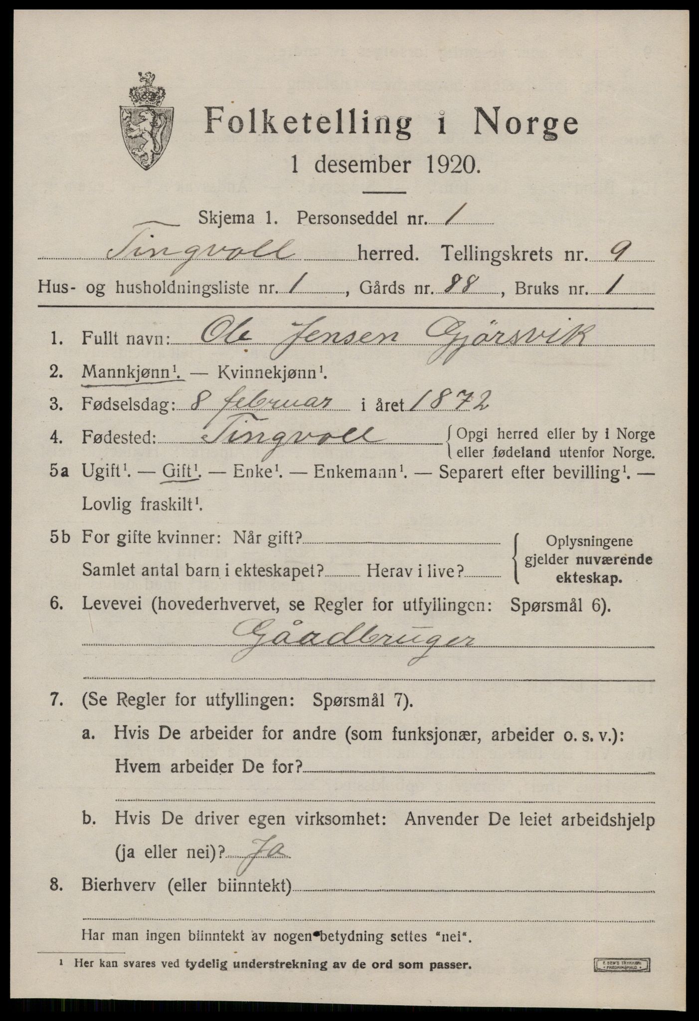 SAT, 1920 census for Tingvoll, 1920, p. 5094