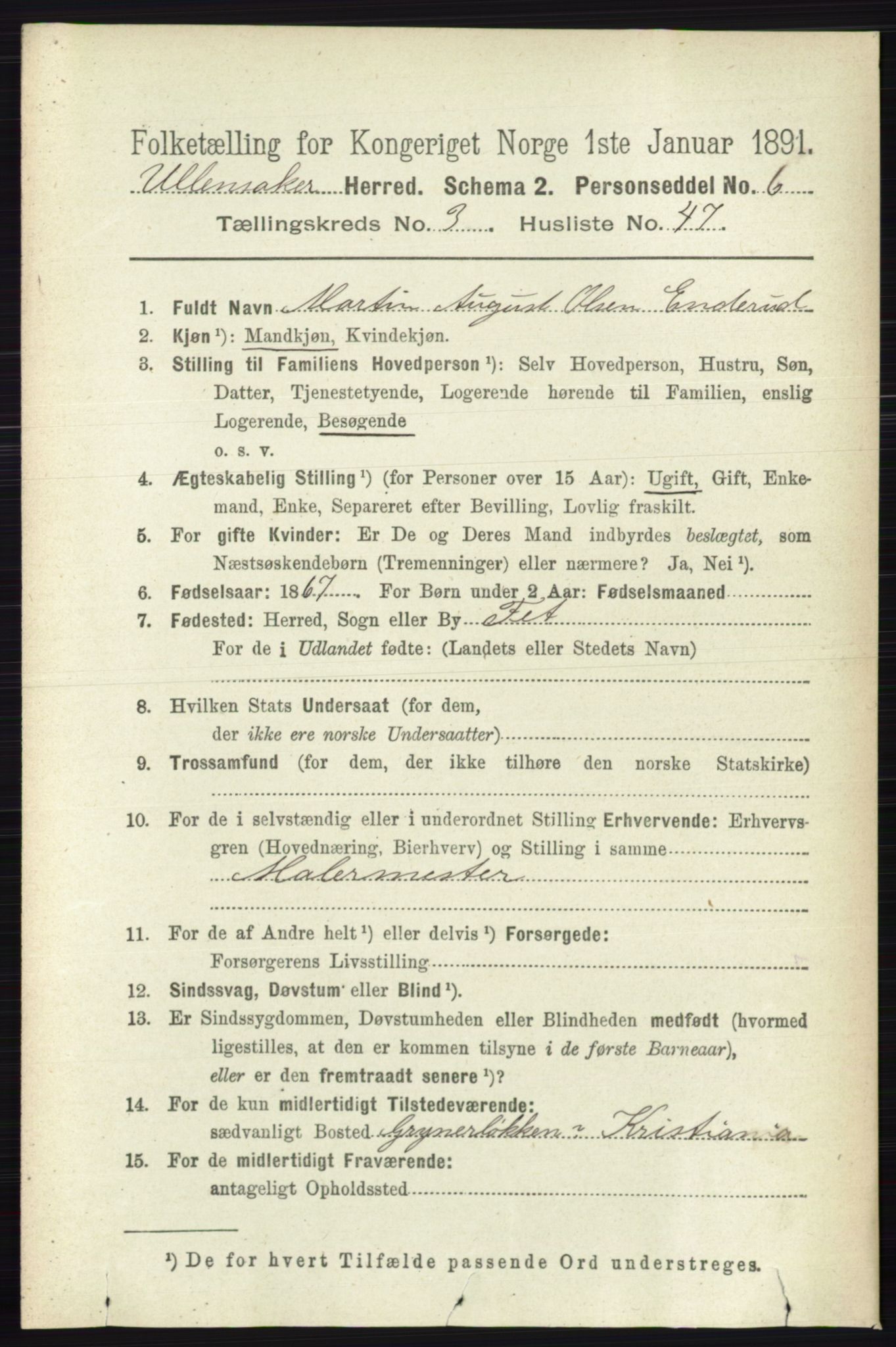 RA, 1891 census for 0235 Ullensaker, 1891, p. 1397