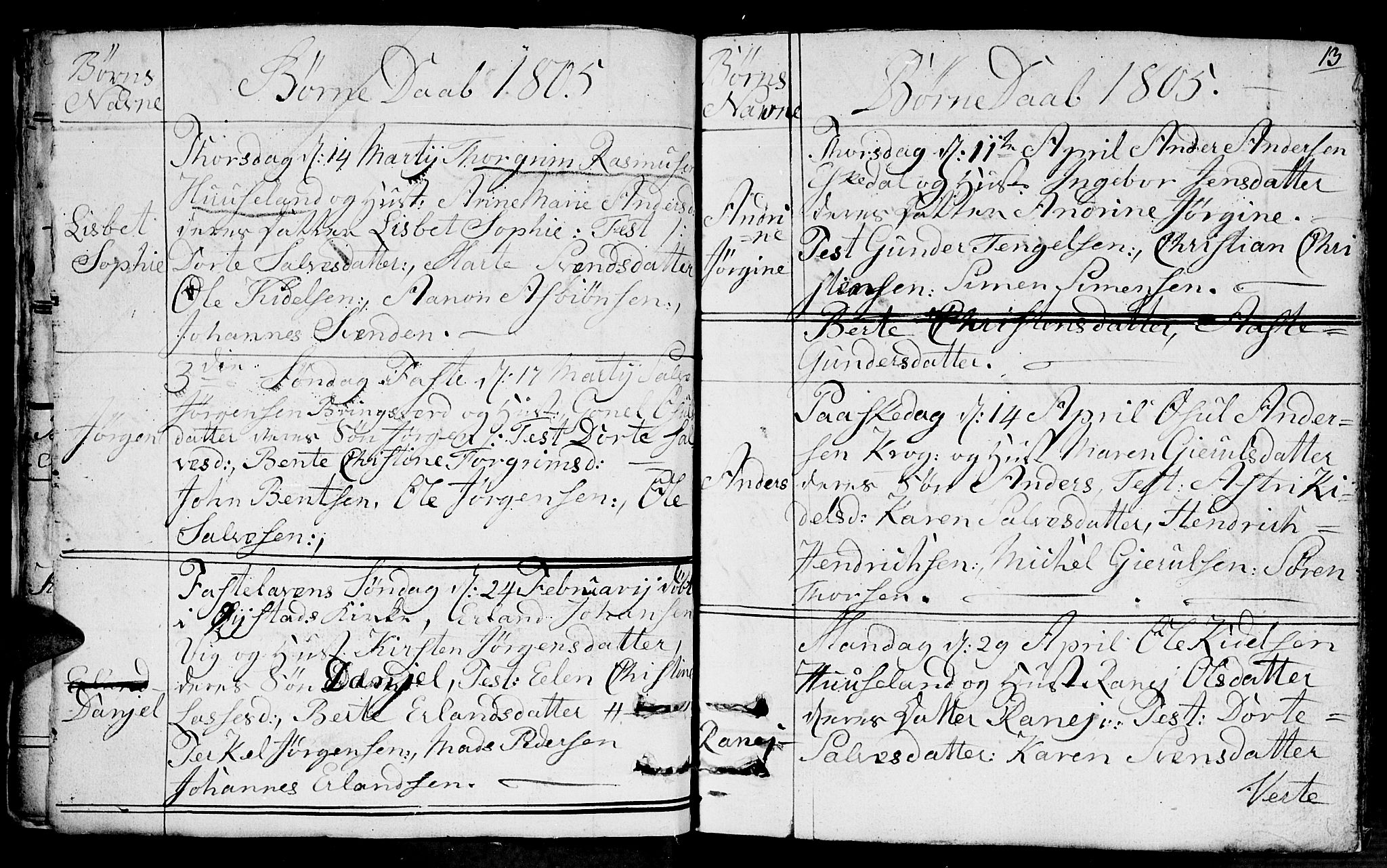 Fjære sokneprestkontor, AV/SAK-1111-0011/F/Fb/L0006: Parish register (copy) no. B 6, 1803-1817, p. 13