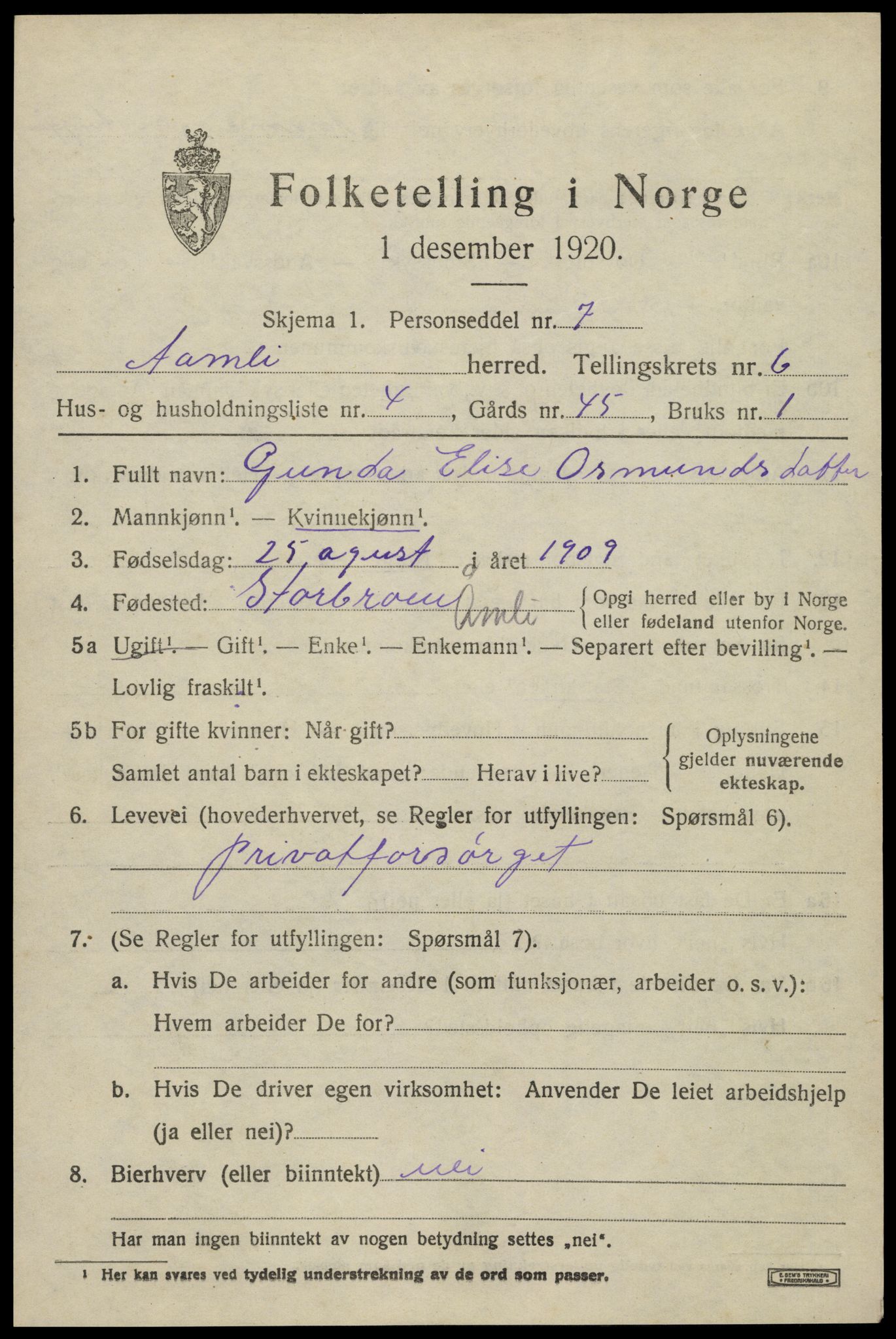 SAK, 1920 census for Åmli, 1920, p. 2683