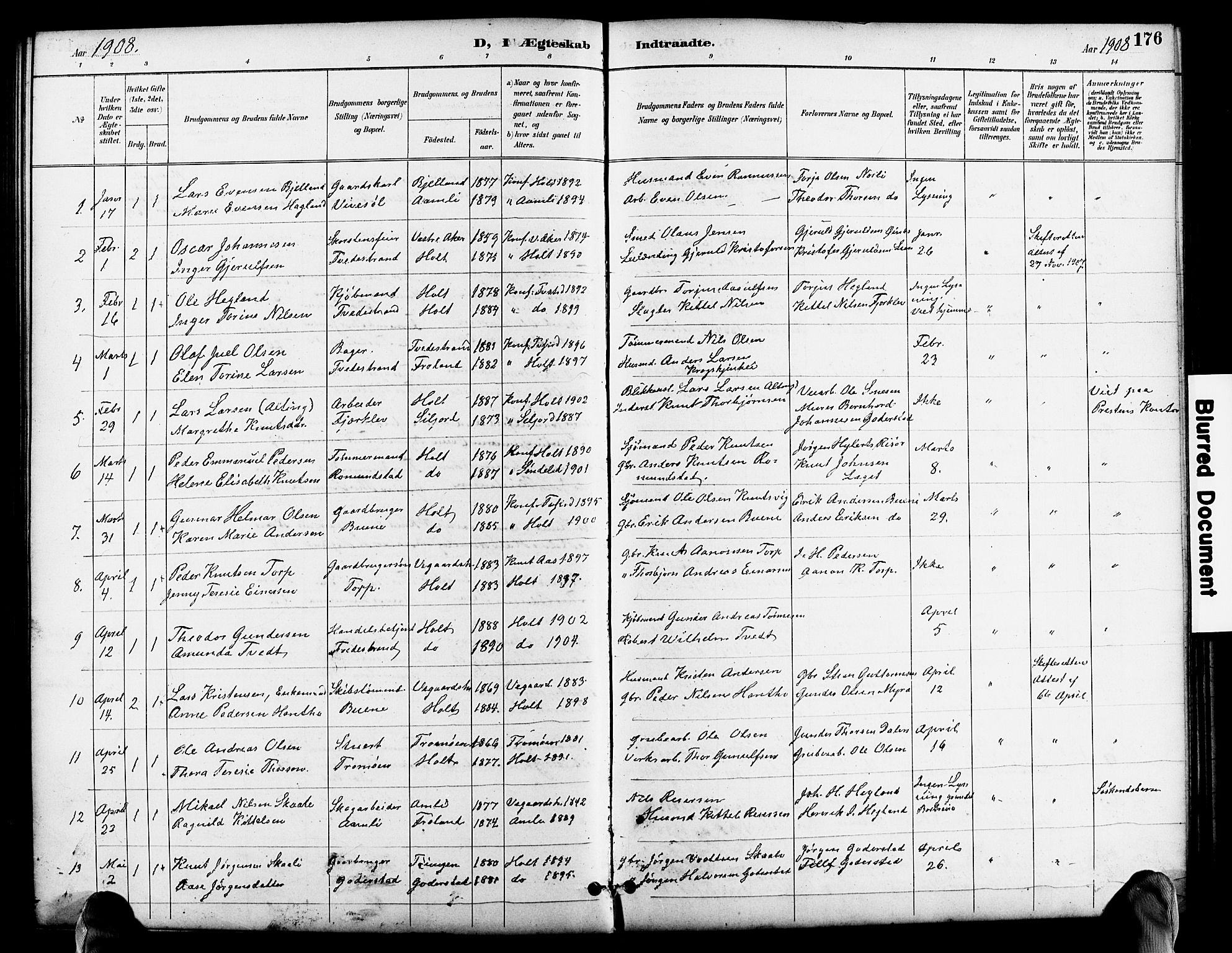 Holt sokneprestkontor, SAK/1111-0021/F/Fb/L0011: Parish register (copy) no. B 11, 1897-1921, p. 176