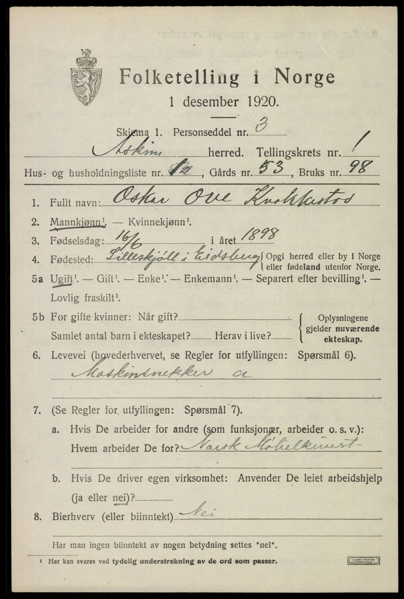 SAO, 1920 census for Askim, 1920, p. 1411