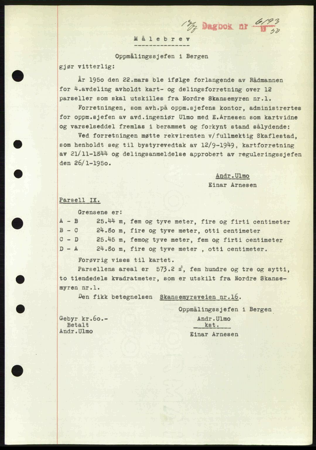 Byfogd og Byskriver i Bergen, AV/SAB-A-3401/03/03Bc/L0033: Mortgage book no. A26-27, 1950-1950, Diary no: : 6193/1950