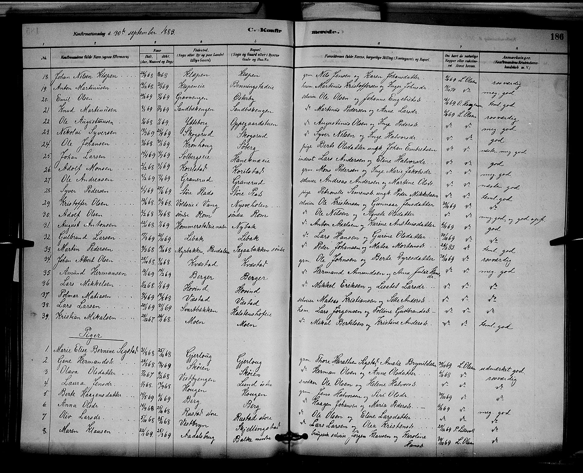 Løten prestekontor, SAH/PREST-022/L/La/L0005: Parish register (copy) no. 5, 1878-1891, p. 186