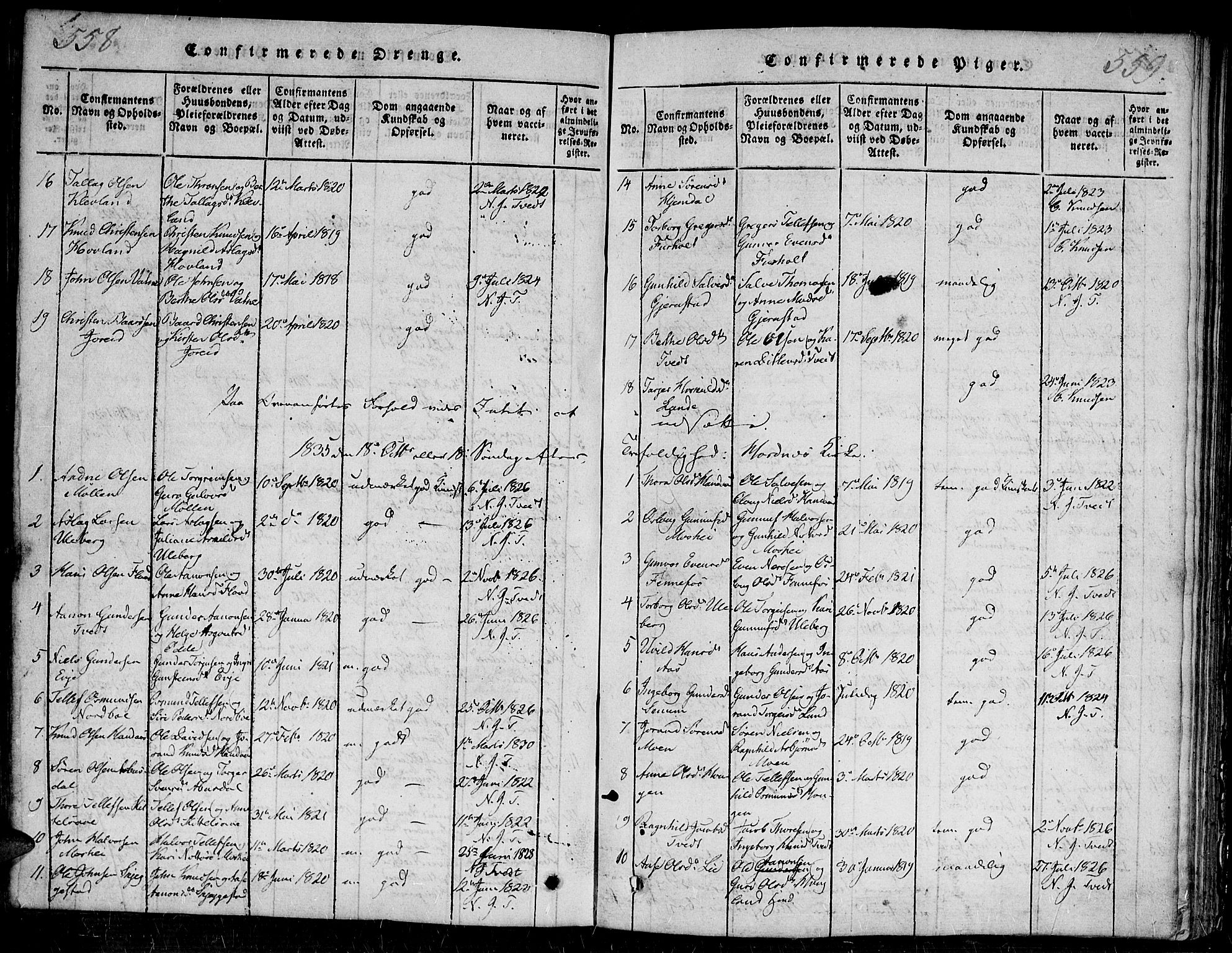Evje sokneprestkontor, SAK/1111-0008/F/Fa/Faa/L0004: Parish register (official) no. A 4, 1816-1840, p. 558-559