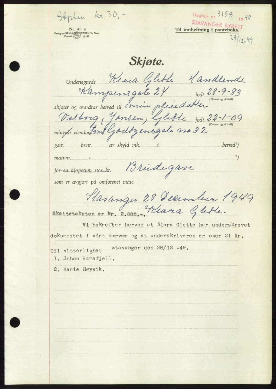Stavanger byrett, SAST/A-100455/002/G/Gb/L0024: Mortgage book no. A13, 1949-1950, Diary no: : 3158/1949
