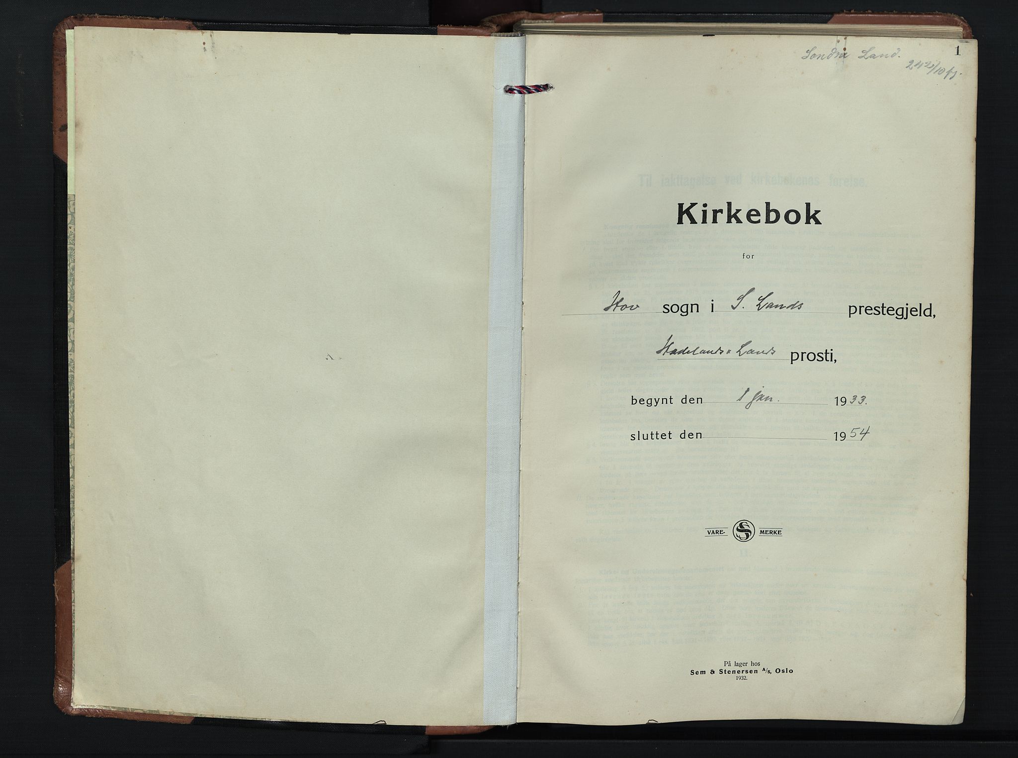 Søndre Land prestekontor, AV/SAH-PREST-122/L/L0009: Parish register (copy) no. 9, 1933-1954, p. 1