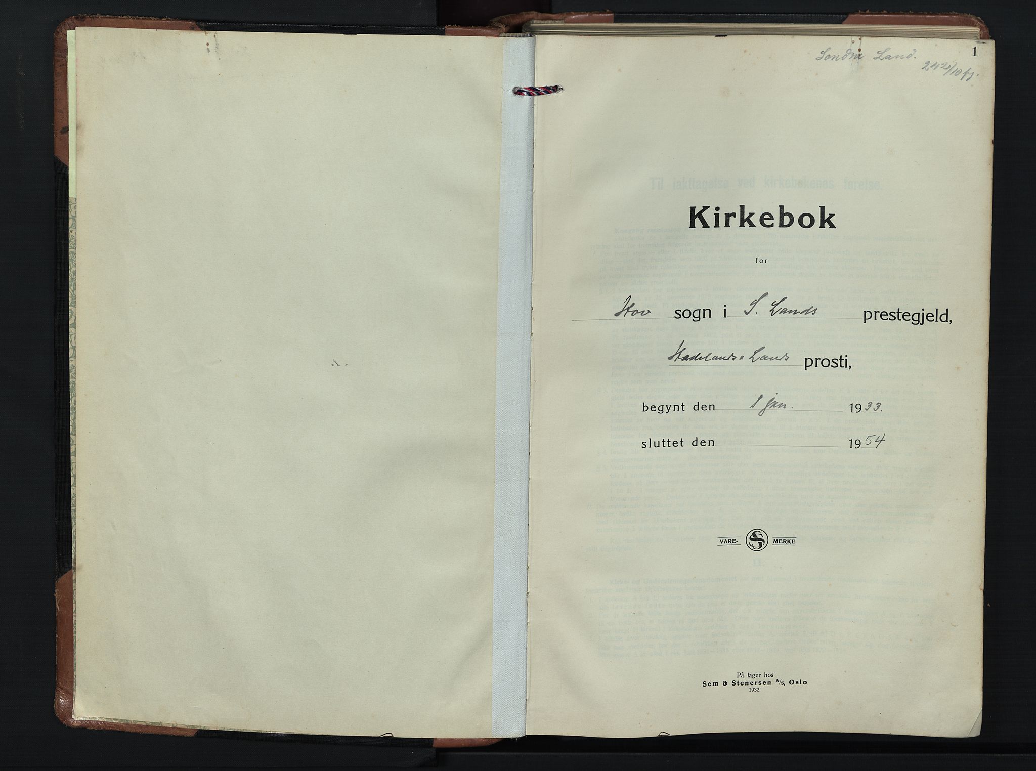 Søndre Land prestekontor, SAH/PREST-122/L/L0009: Parish register (copy) no. 9, 1933-1954, p. 1