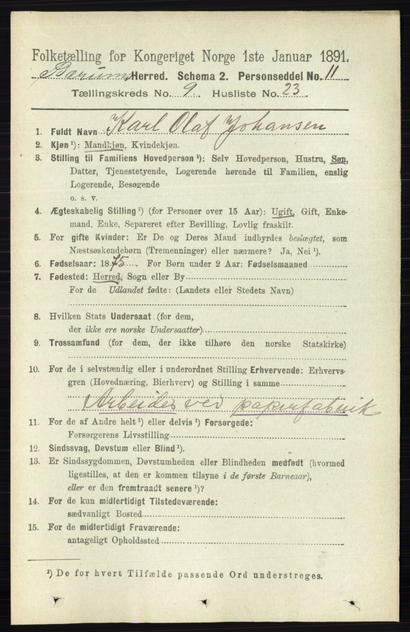 RA, 1891 census for 0219 Bærum, 1891, p. 5354