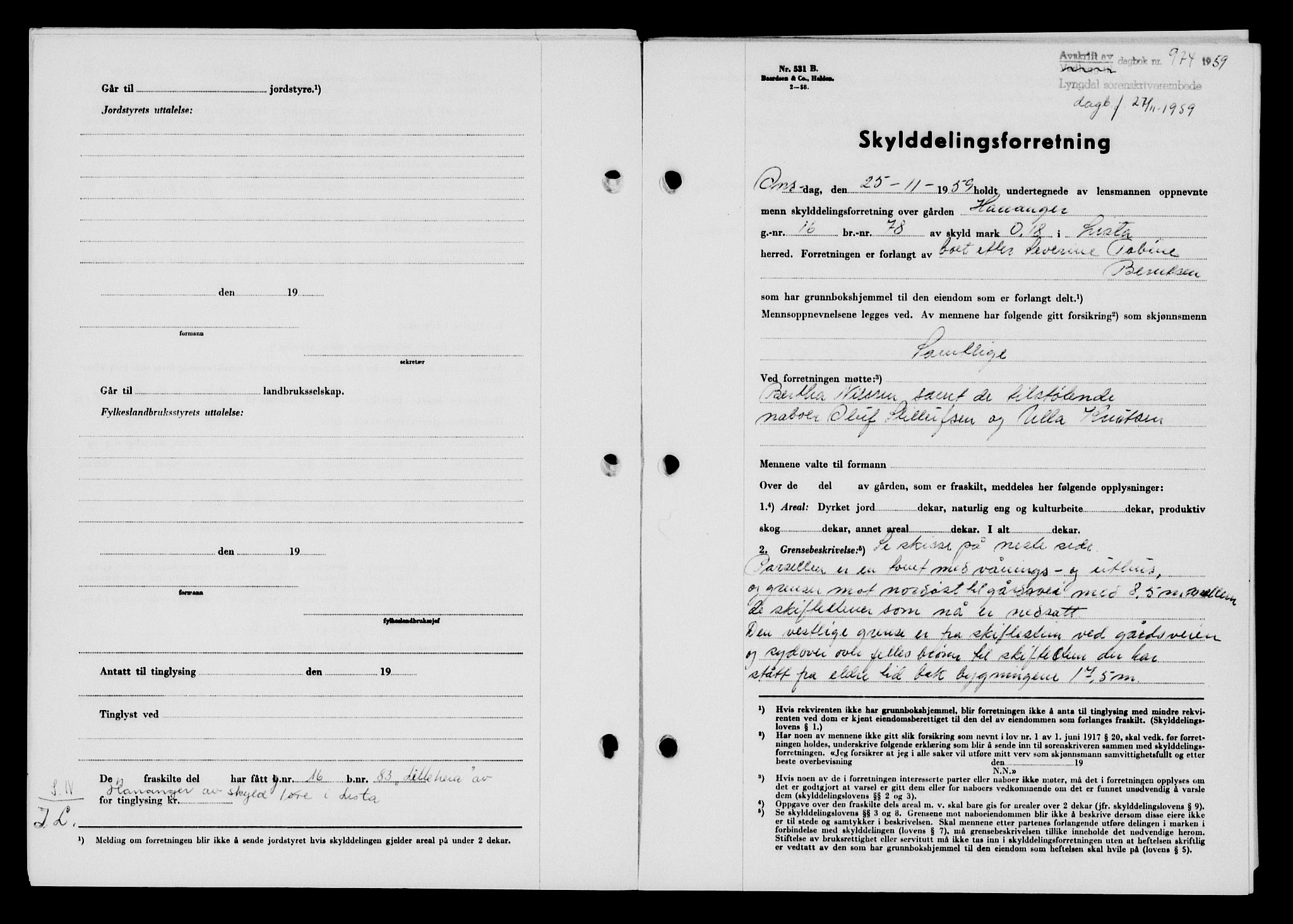 Lyngdal sorenskriveri, AV/SAK-1221-0004/G/Gb/L0679: Mortgage book no. A XXV, 1959-1960, Diary no: : 974/1959