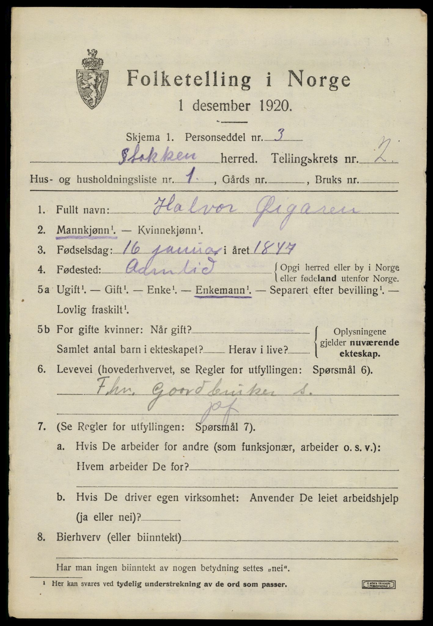 SAK, 1920 census for Stokken, 1920, p. 1492