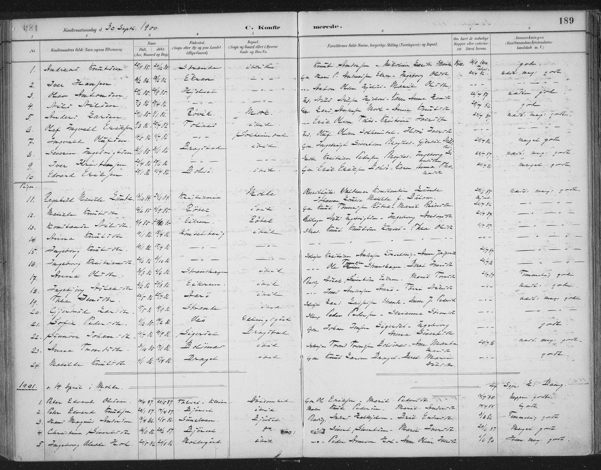 Ministerialprotokoller, klokkerbøker og fødselsregistre - Møre og Romsdal, SAT/A-1454/555/L0658: Parish register (official) no. 555A09, 1887-1917, p. 189