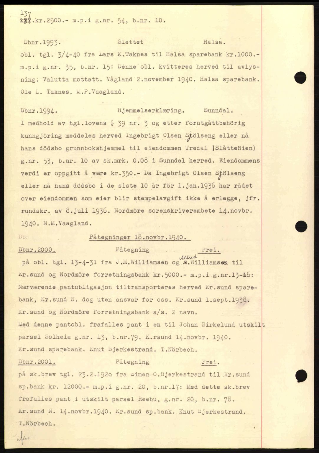 Nordmøre sorenskriveri, AV/SAT-A-4132/1/2/2Ca: Mortgage book no. C81, 1940-1945, Diary no: : 1993/1940