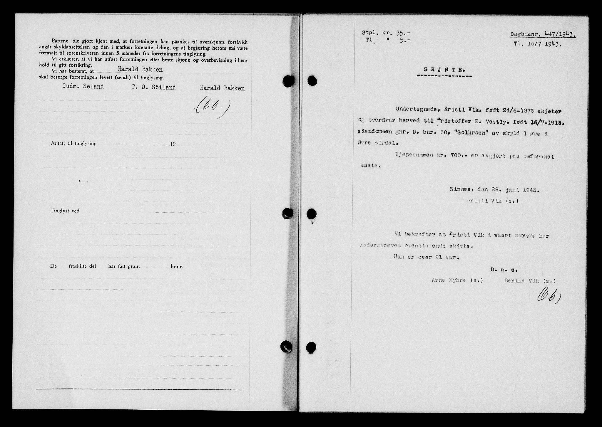 Flekkefjord sorenskriveri, SAK/1221-0001/G/Gb/Gba/L0058: Mortgage book no. A-6, 1942-1944, Diary no: : 447/1943