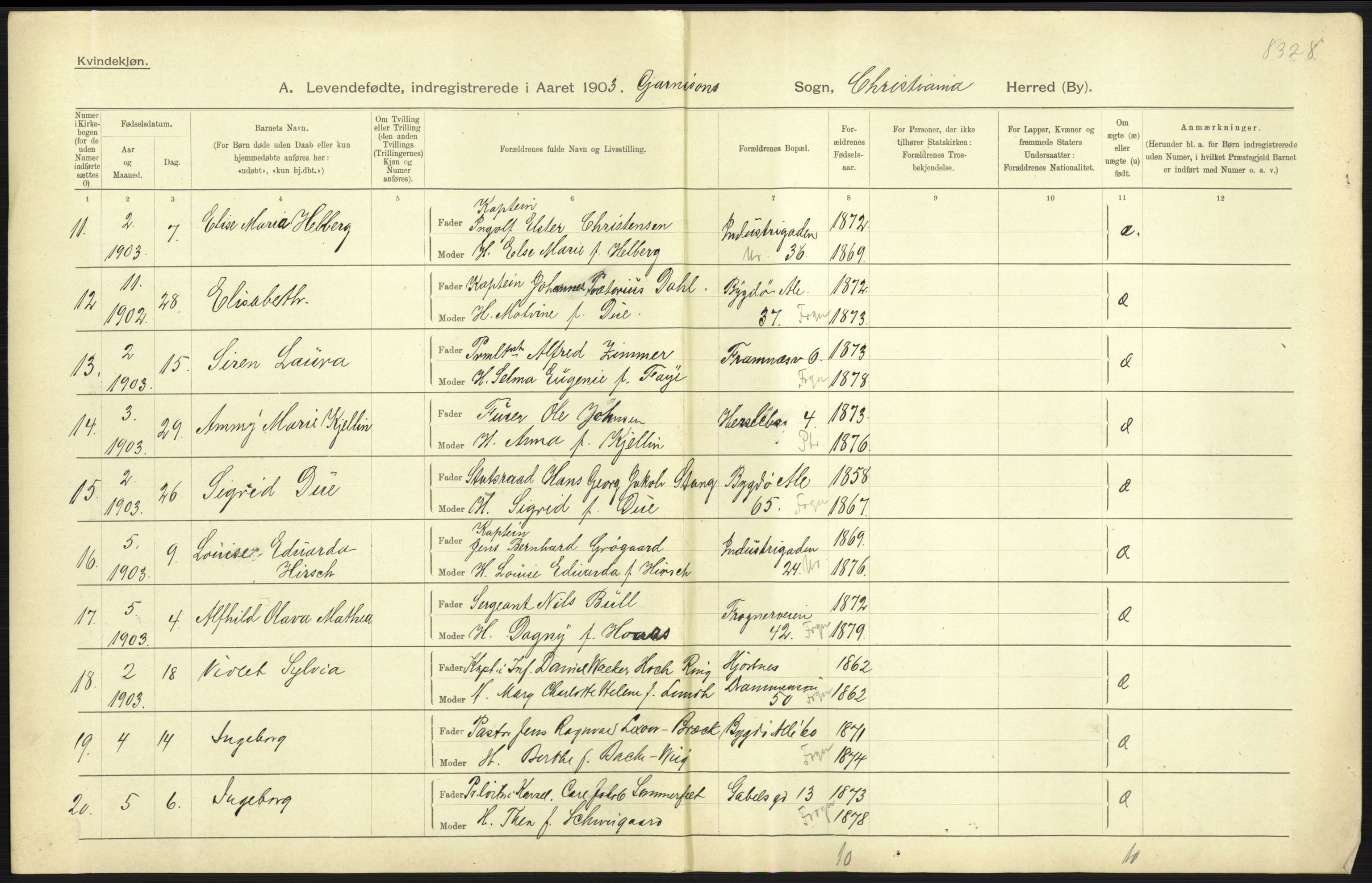 Statistisk sentralbyrå, Sosiodemografiske emner, Befolkning, AV/RA-S-2228/D/Df/Dfa/Dfaa/L0003: Kristiania: Fødte, 1903, p. 381