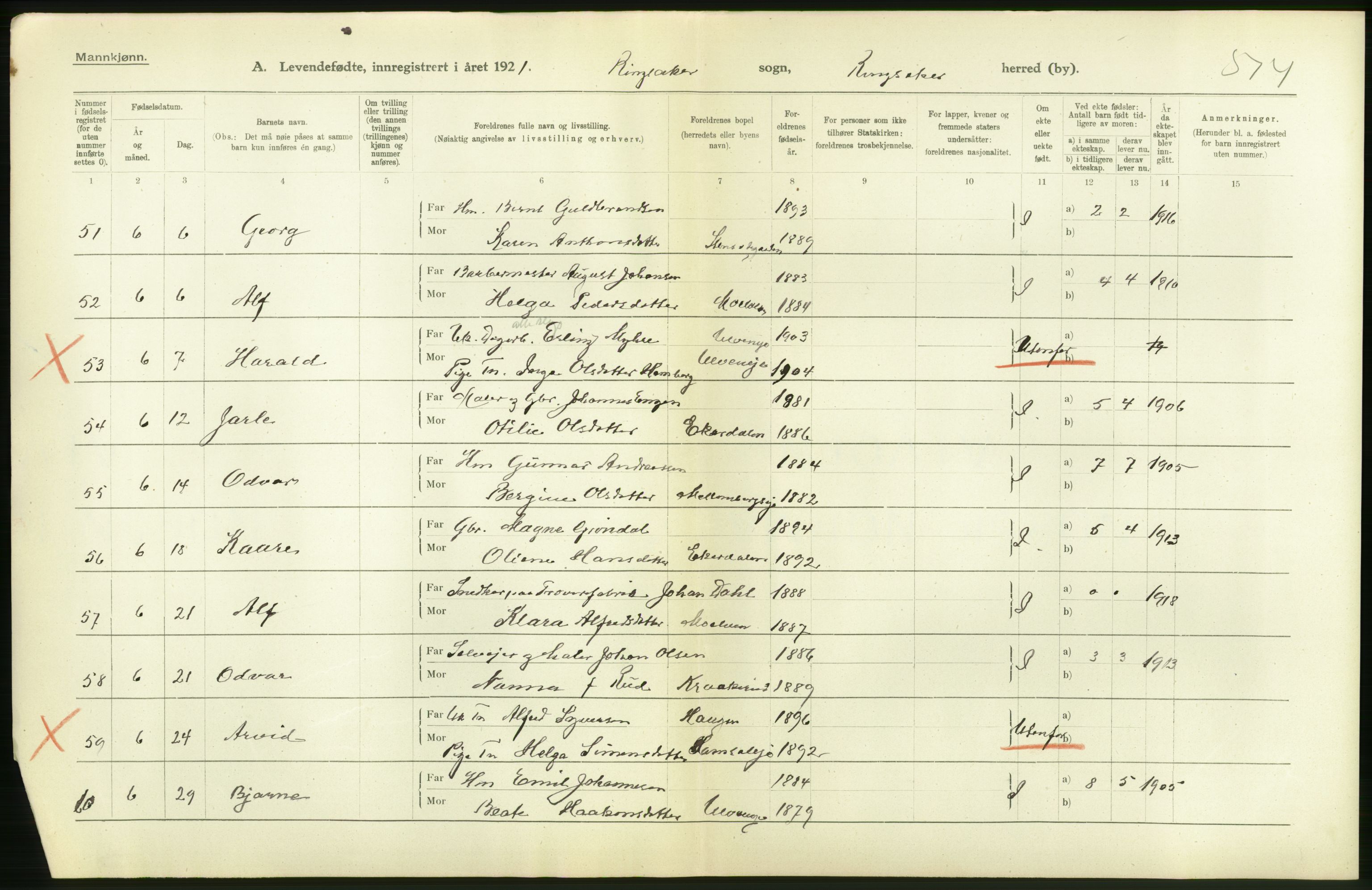 Statistisk sentralbyrå, Sosiodemografiske emner, Befolkning, AV/RA-S-2228/D/Df/Dfc/Dfca/L0014: Hedemark fylke: Levendefødte menn og kvinner. Bygder., 1921, p. 38