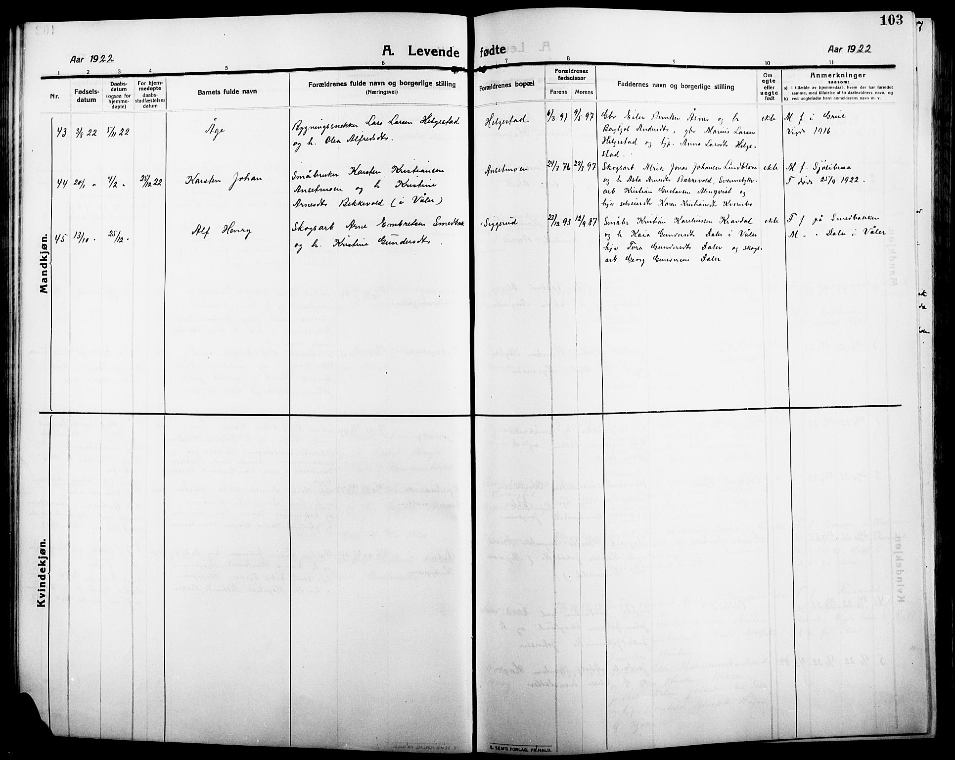 Åsnes prestekontor, SAH/PREST-042/H/Ha/Hab/L0007: Parish register (copy) no. 7, 1909-1926, p. 103