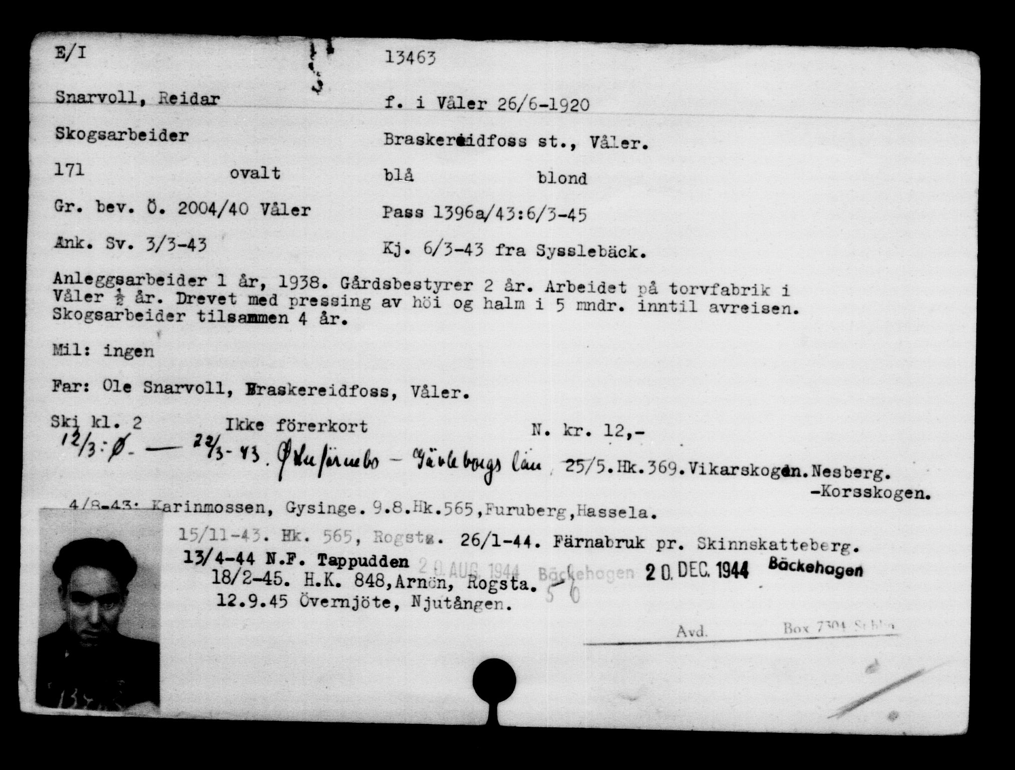Utenriksstasjonene, Legasjonen i Stockholm, Flyktningkontoret, AV/RA-S-6753/V/Va/L0007: Kjesäterkartoteket, flyktninger med registreringsnr. 12700-15723, 1940-1945, p. 870