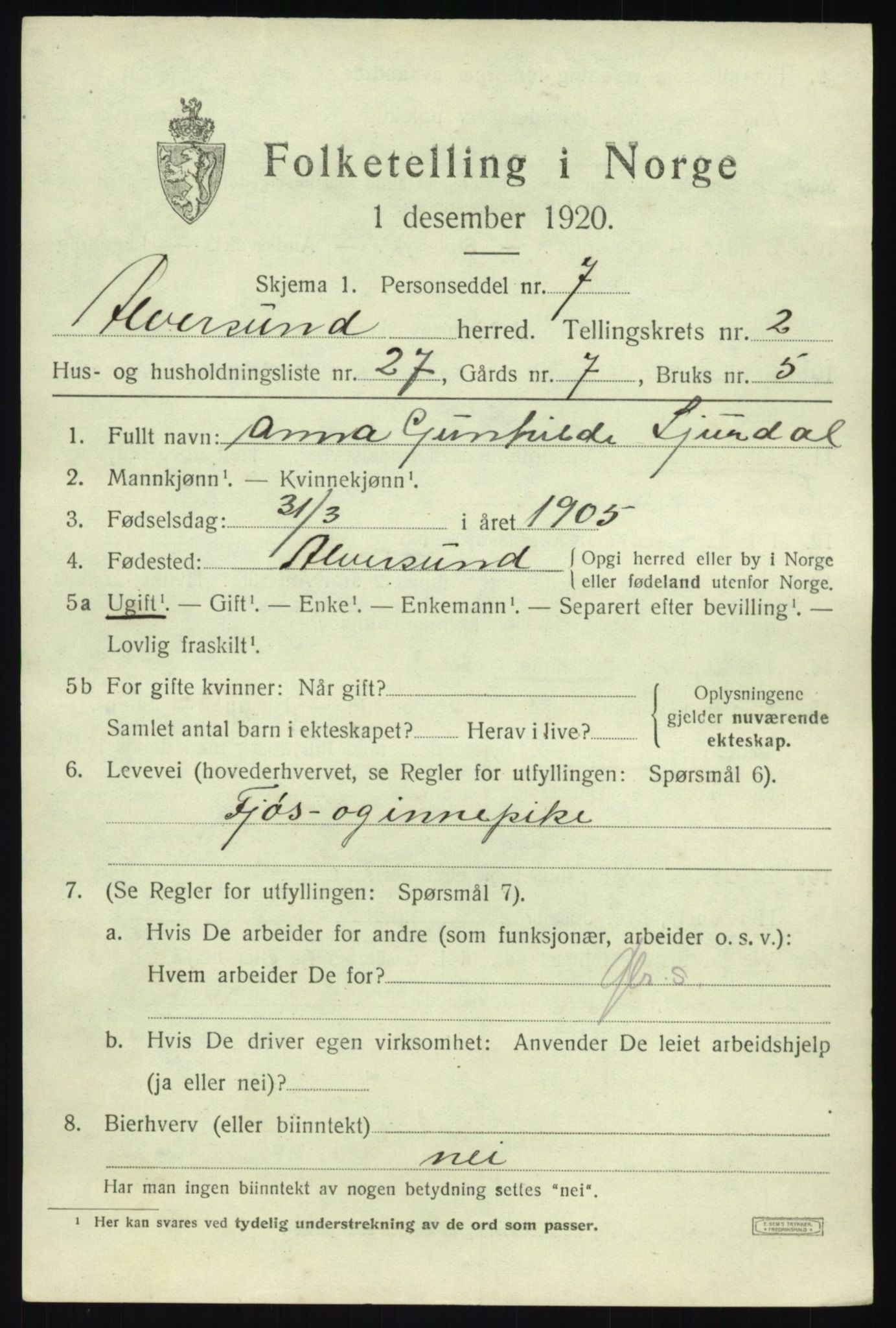 SAB, 1920 census for Alversund, 1920, p. 2000