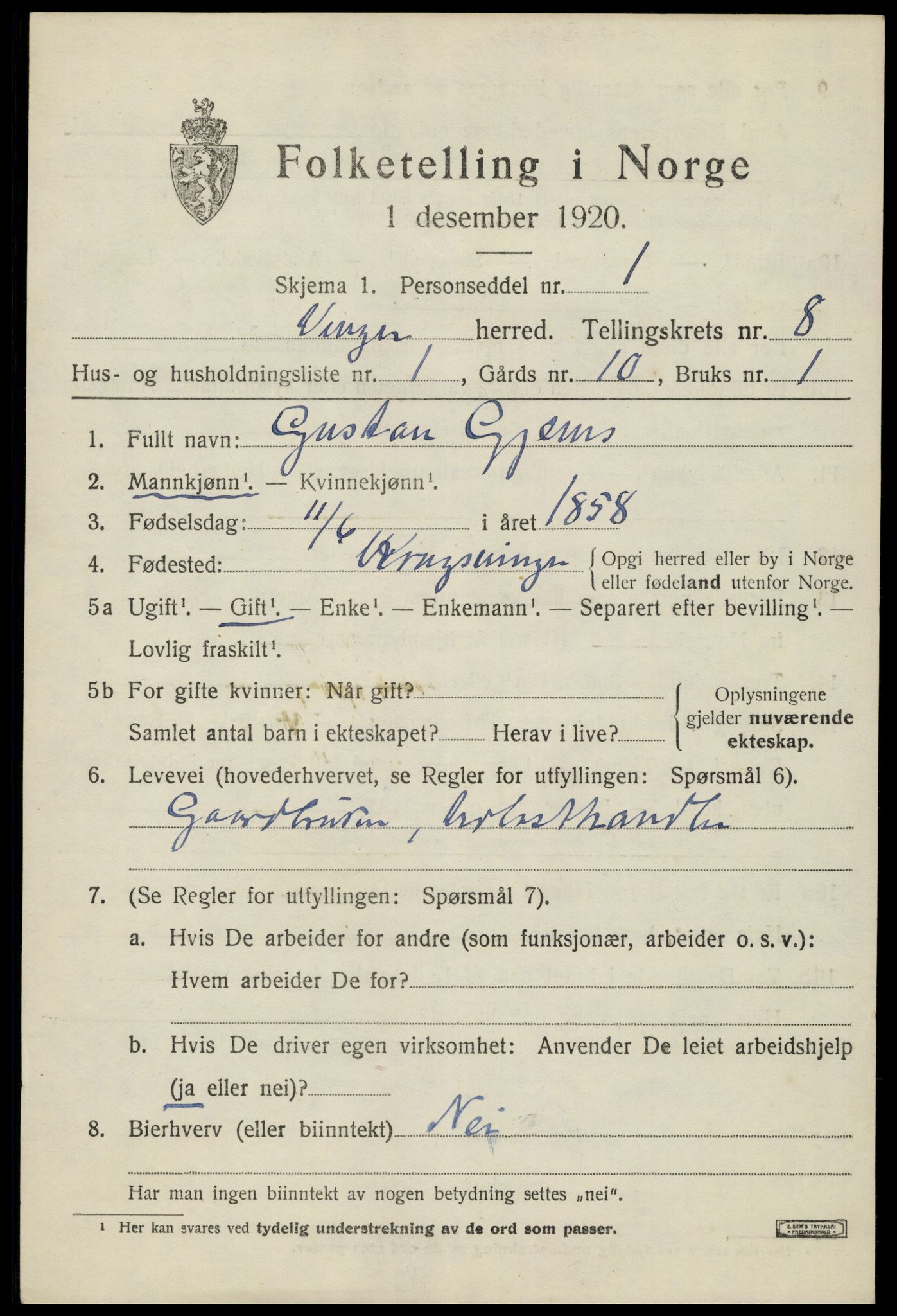 SAH, 1920 census for Vinger, 1920, p. 6962