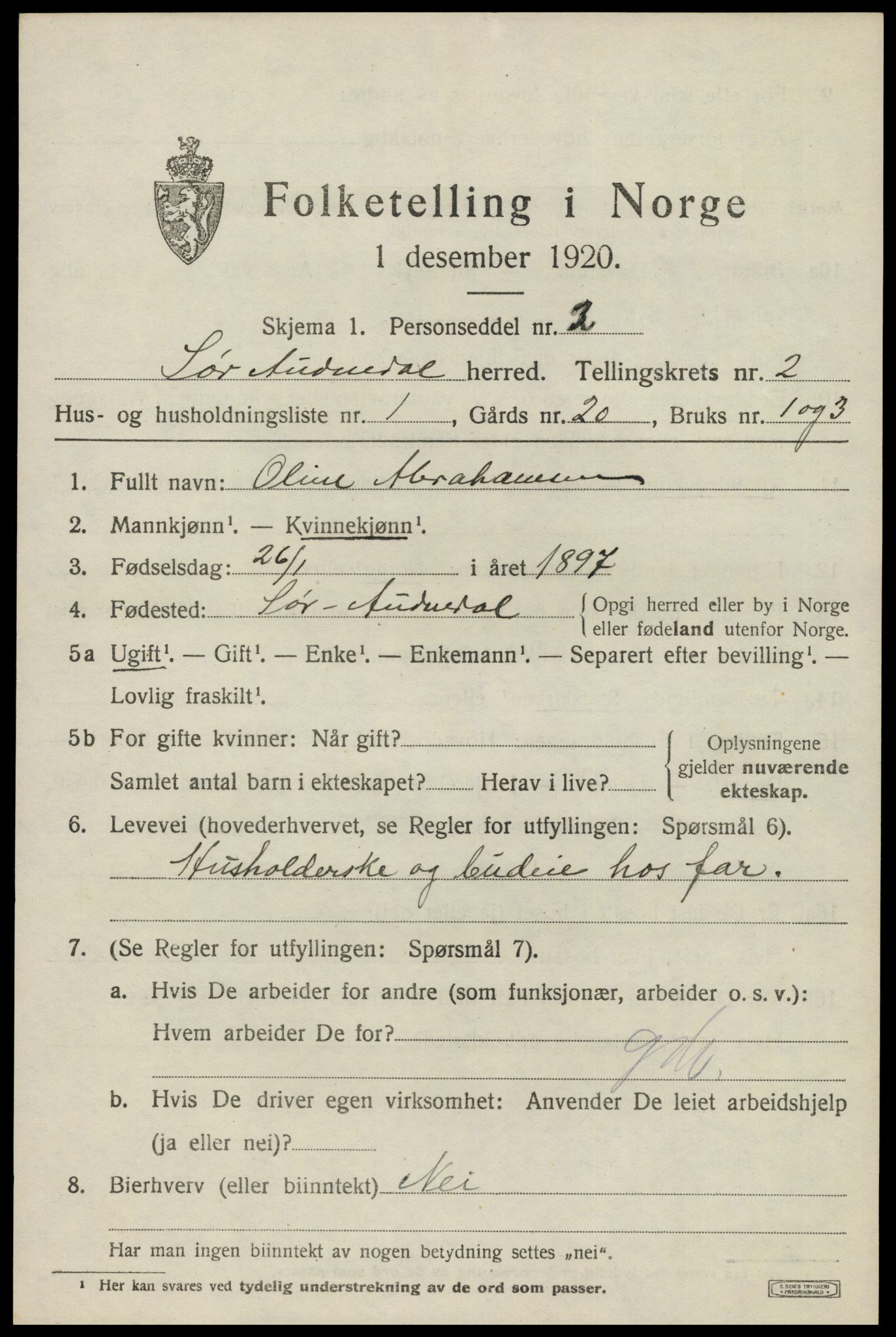 SAK, 1920 census for Sør-Audnedal, 1920, p. 1589