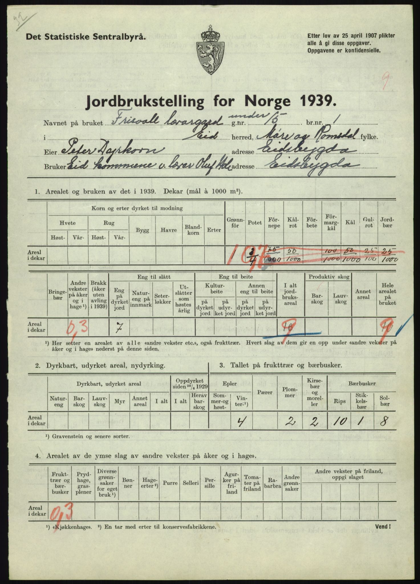 Statistisk sentralbyrå, Næringsøkonomiske emner, Jordbruk, skogbruk, jakt, fiske og fangst, AV/RA-S-2234/G/Gb/L0251: Møre og Romsdal: Voll, Eid, Grytten og Hen, 1939, p. 373