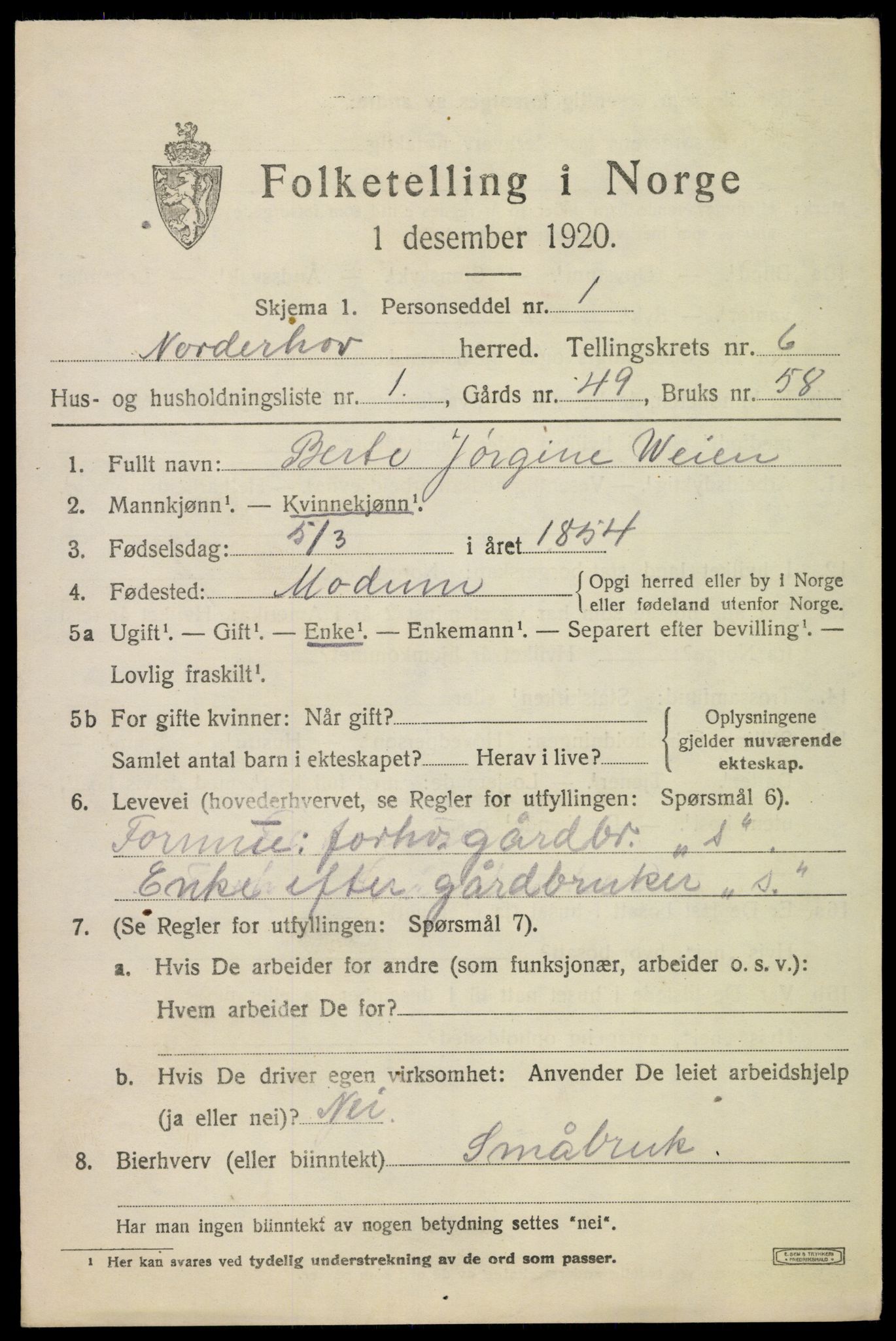 SAKO, 1920 census for Norderhov, 1920, p. 8653