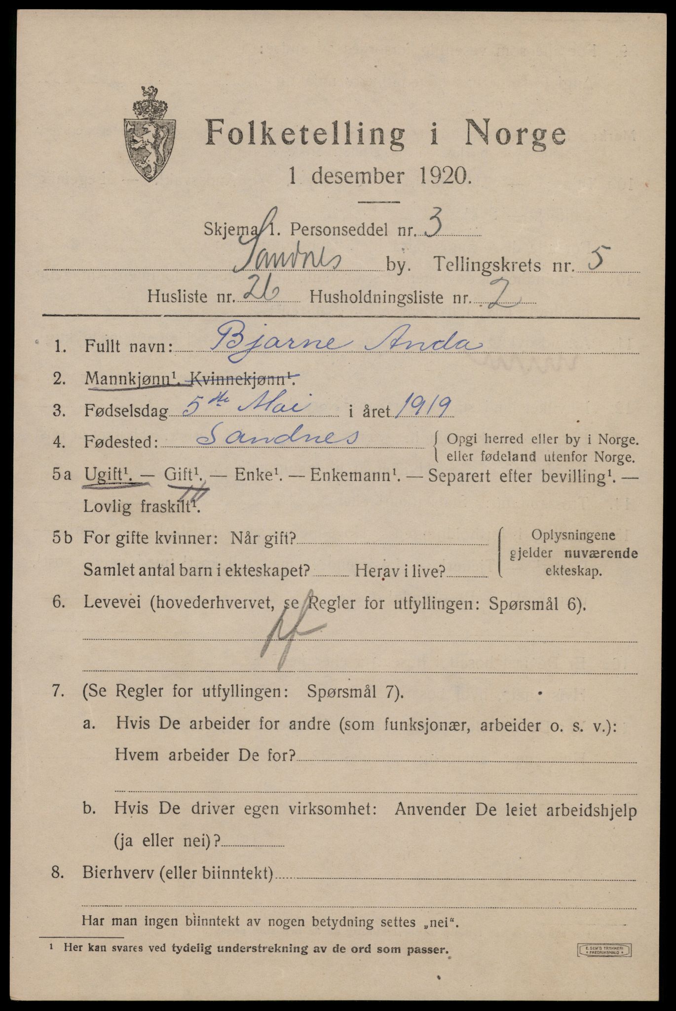 SAST, 1920 census for Sandnes, 1920, p. 4974