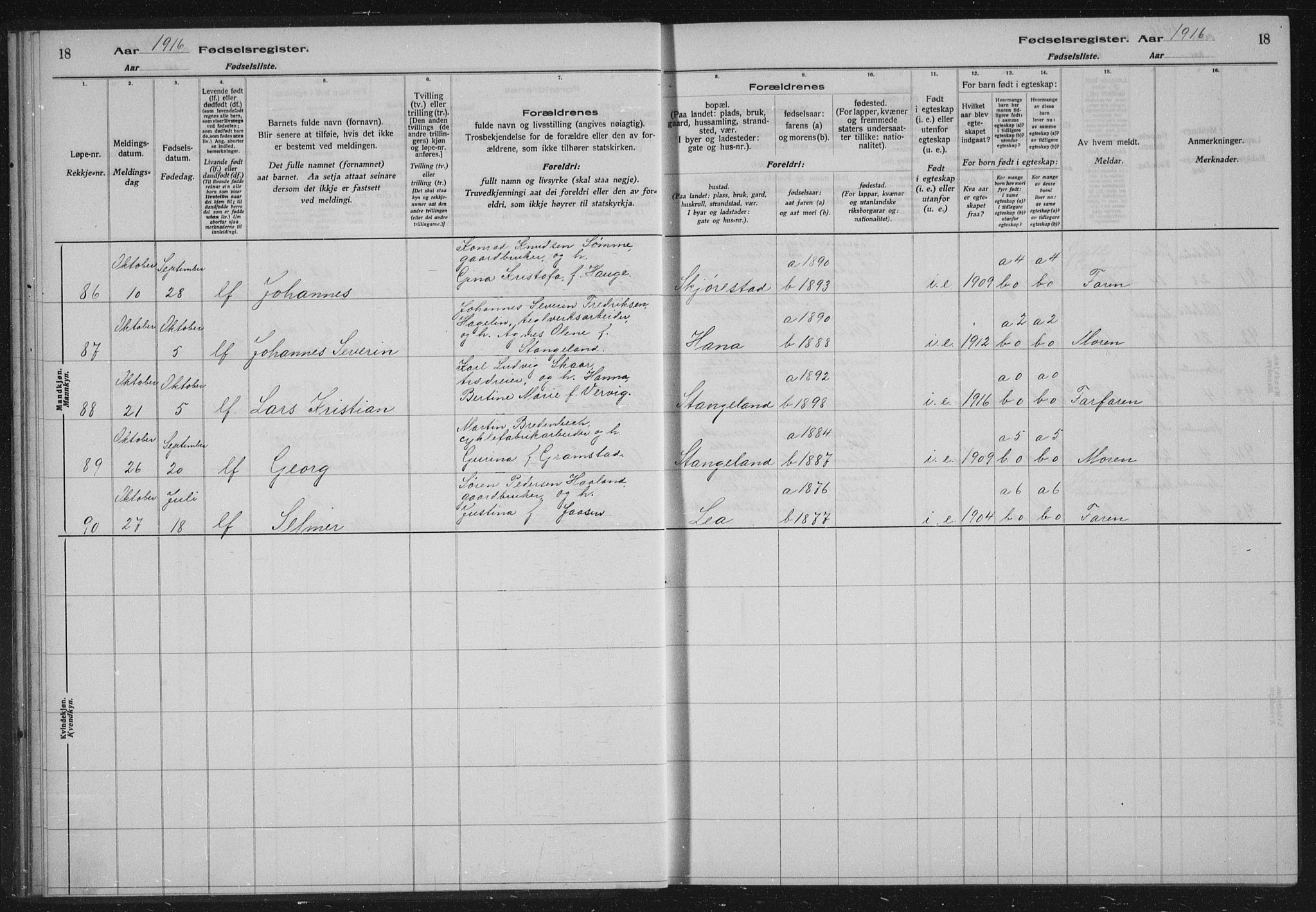 Høyland sokneprestkontor, AV/SAST-A-101799/002/O/L0001: Birth register no. 1, 1916-1924, p. 18