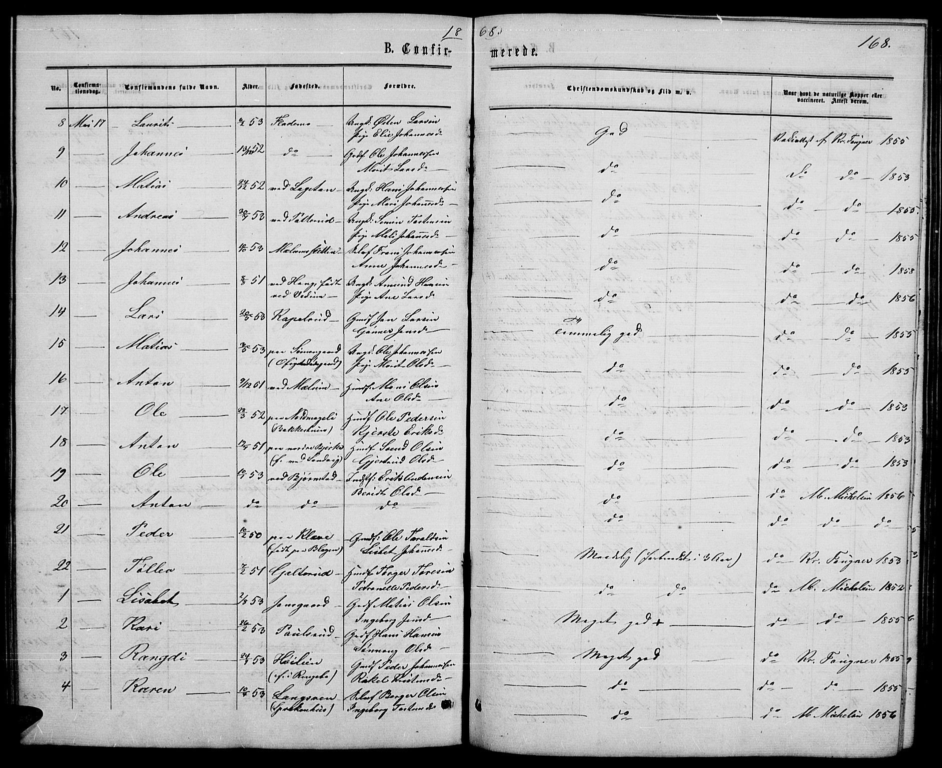 Øyer prestekontor, AV/SAH-PREST-084/H/Ha/Hab/L0001: Parish register (copy) no. 1, 1863-1877, p. 168