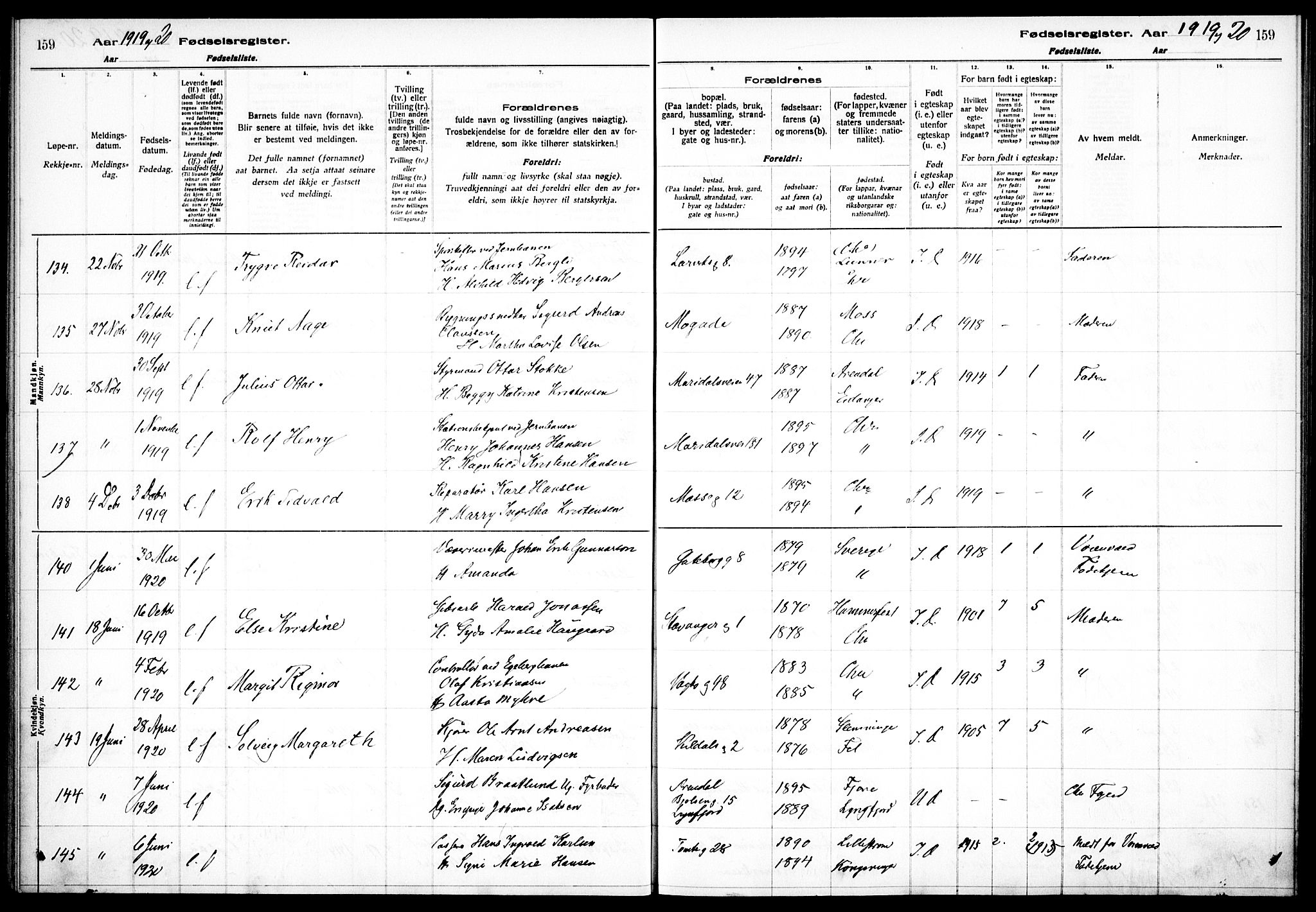 Sagene prestekontor Kirkebøker, AV/SAO-A-10796/J/L0001: Birth register no. 1, 1916-1920, p. 159