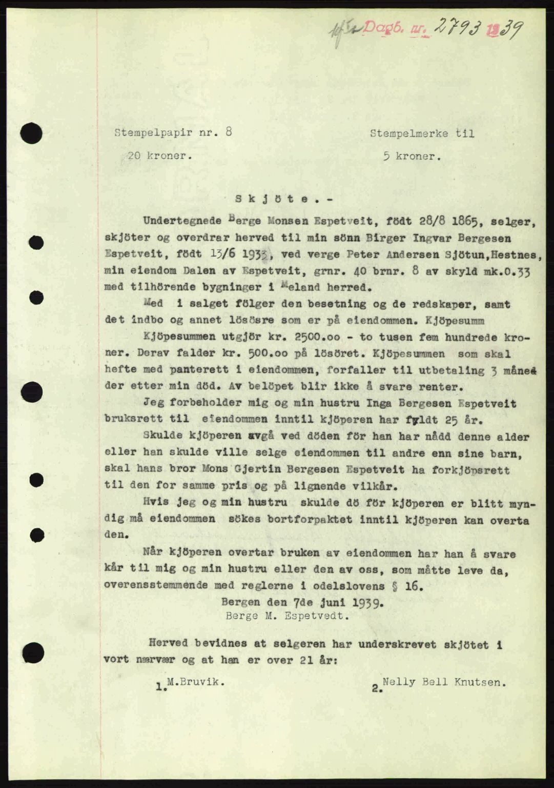 Nordhordland sorenskrivar, SAB/A-2901/1/G/Gb/Gbf/L0010: Mortgage book no. A10, 1939-1940, Diary no: : 2793/1939