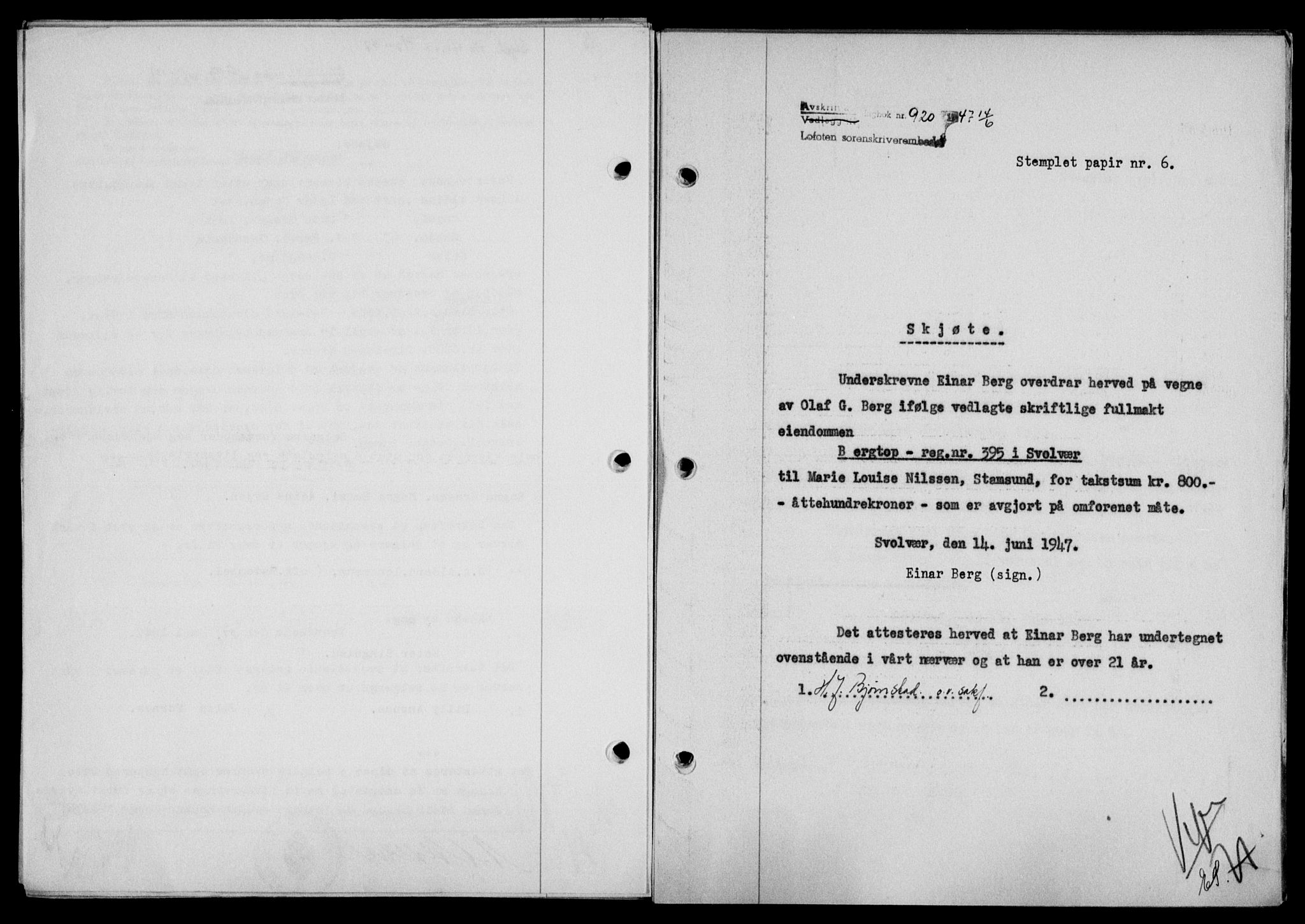 Lofoten sorenskriveri, SAT/A-0017/1/2/2C/L0016a: Mortgage book no. 16a, 1947-1947, Diary no: : 920/1947