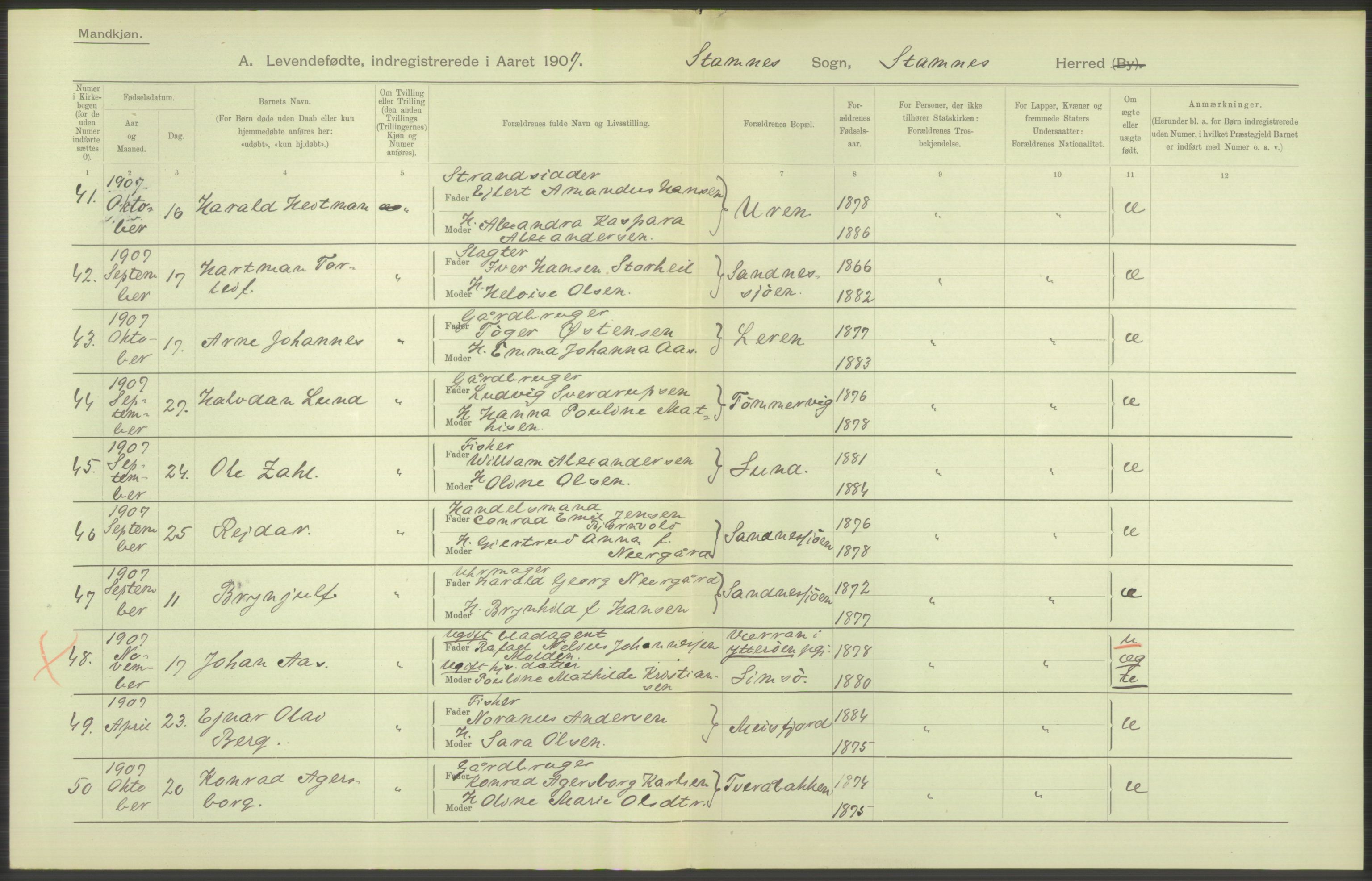 Statistisk sentralbyrå, Sosiodemografiske emner, Befolkning, AV/RA-S-2228/D/Df/Dfa/Dfae/L0043: Nordlands amt: Levendefødte menn og kvinner. Bygder., 1907, p. 2